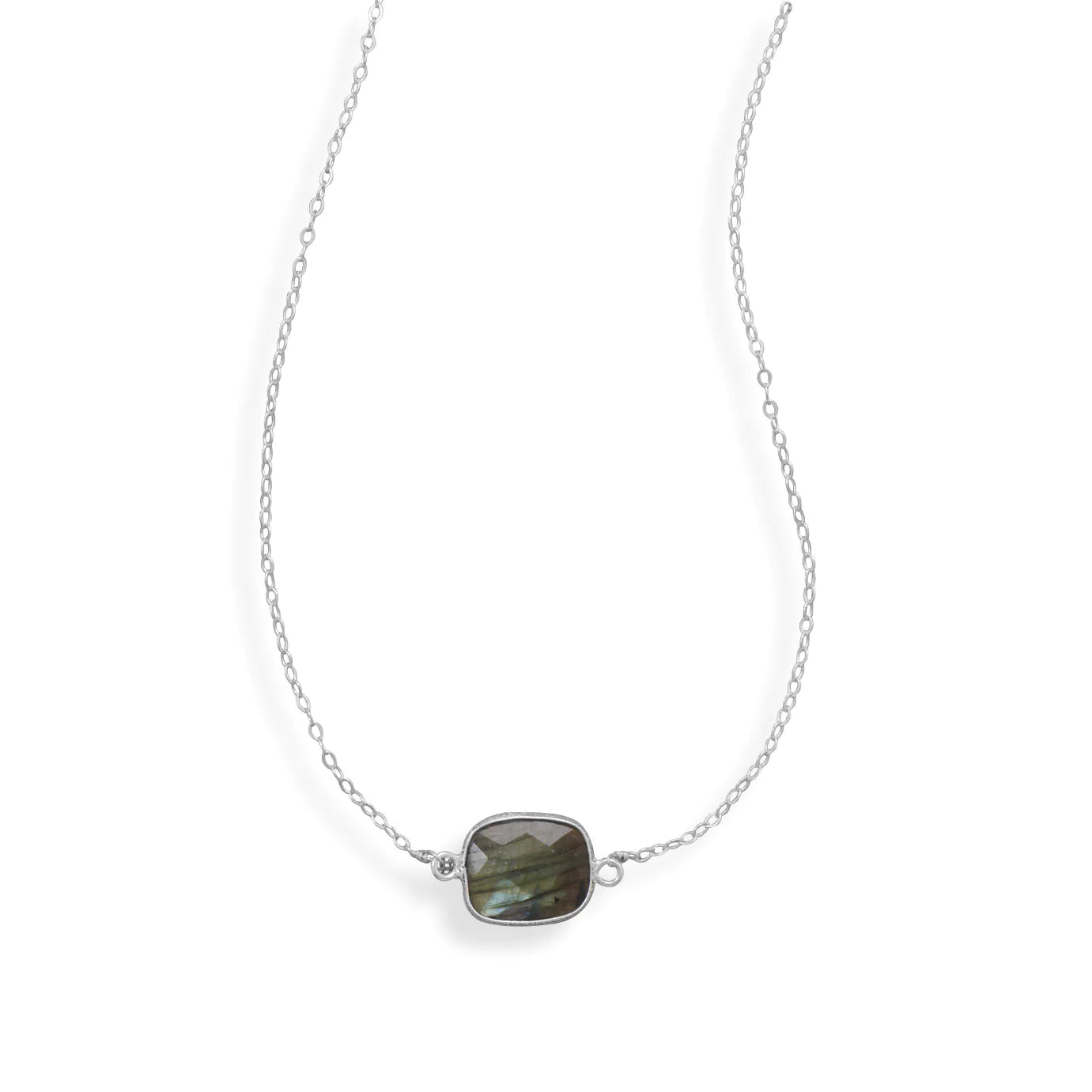 Sterling Silver Labradorite Pendant Necklace, 16 Inch Chain with 2 Inch Extension, 10.5x13mm Faceted Stone, Spring Ring Closure