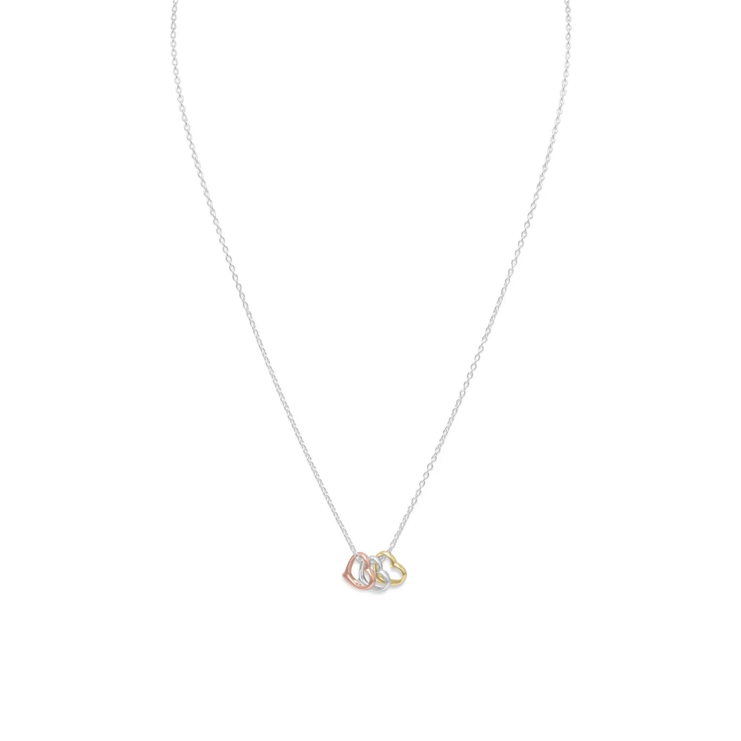 Sterling Silver Tri-Tone Heart Pendant Necklace, 15.75 Inch Chain with 2 Inch Extension, 14K Yellow Gold Plated , Rose Gold Plated , Silver Hearts