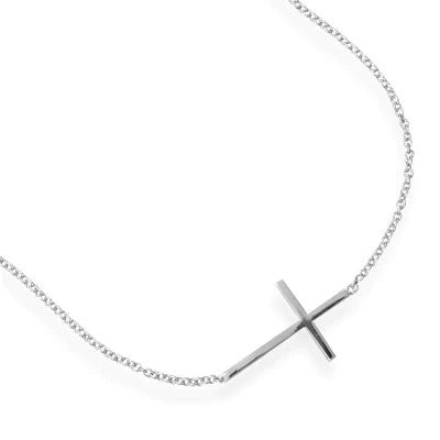 Sideways Cross Bracelet - Sterling Silver Rhodium Plated Chain