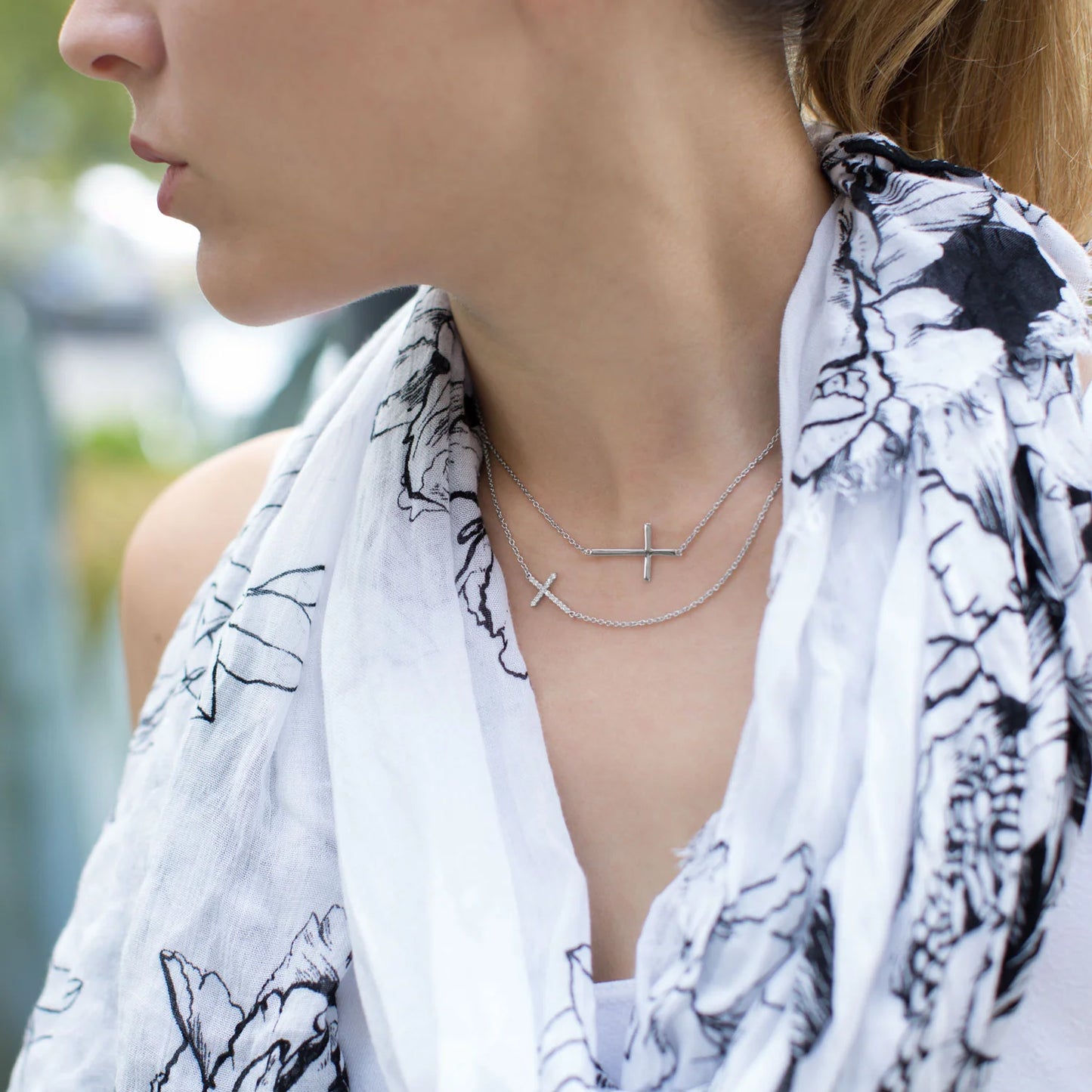 Sterling Silver Sideways Cross Necklace, Rhodium Plated, 16 Inch with 2 Inch Extension, Polished Finish, Spring Ring Closure