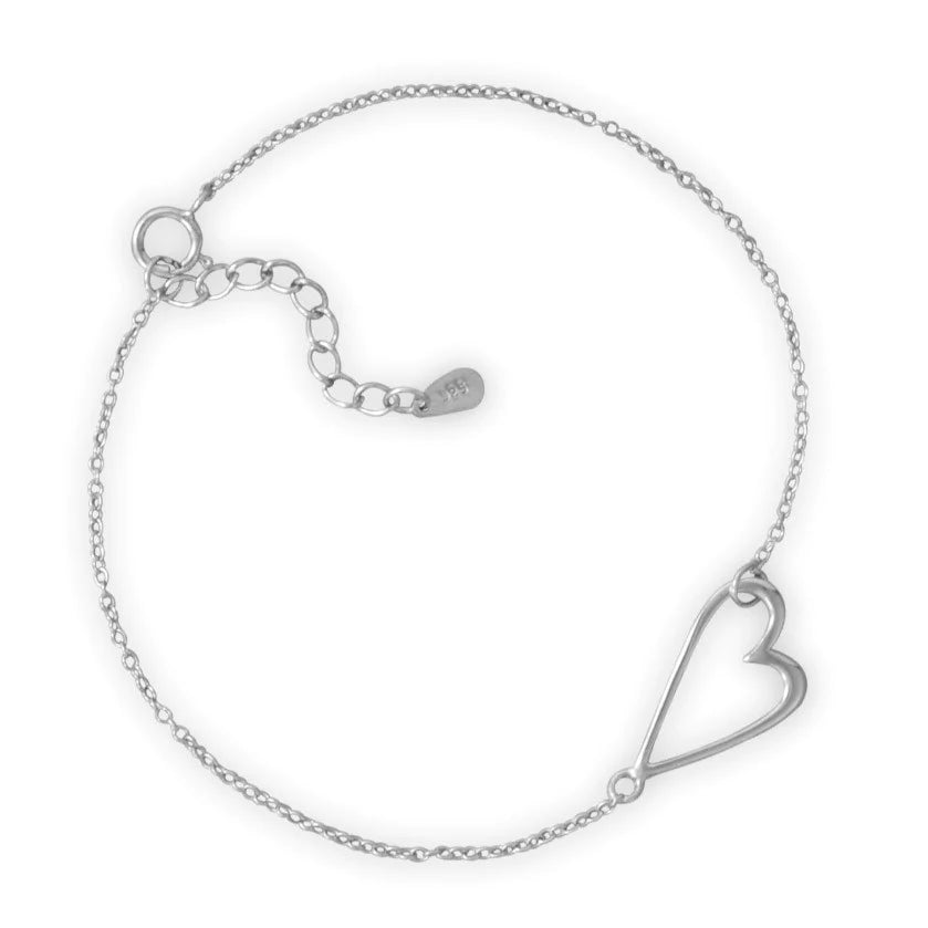 Sterling Silver Sideways Heart Bracelet, Rhodium Plated, 7 Inch with 1 Inch Extension, Spring Ring Closure