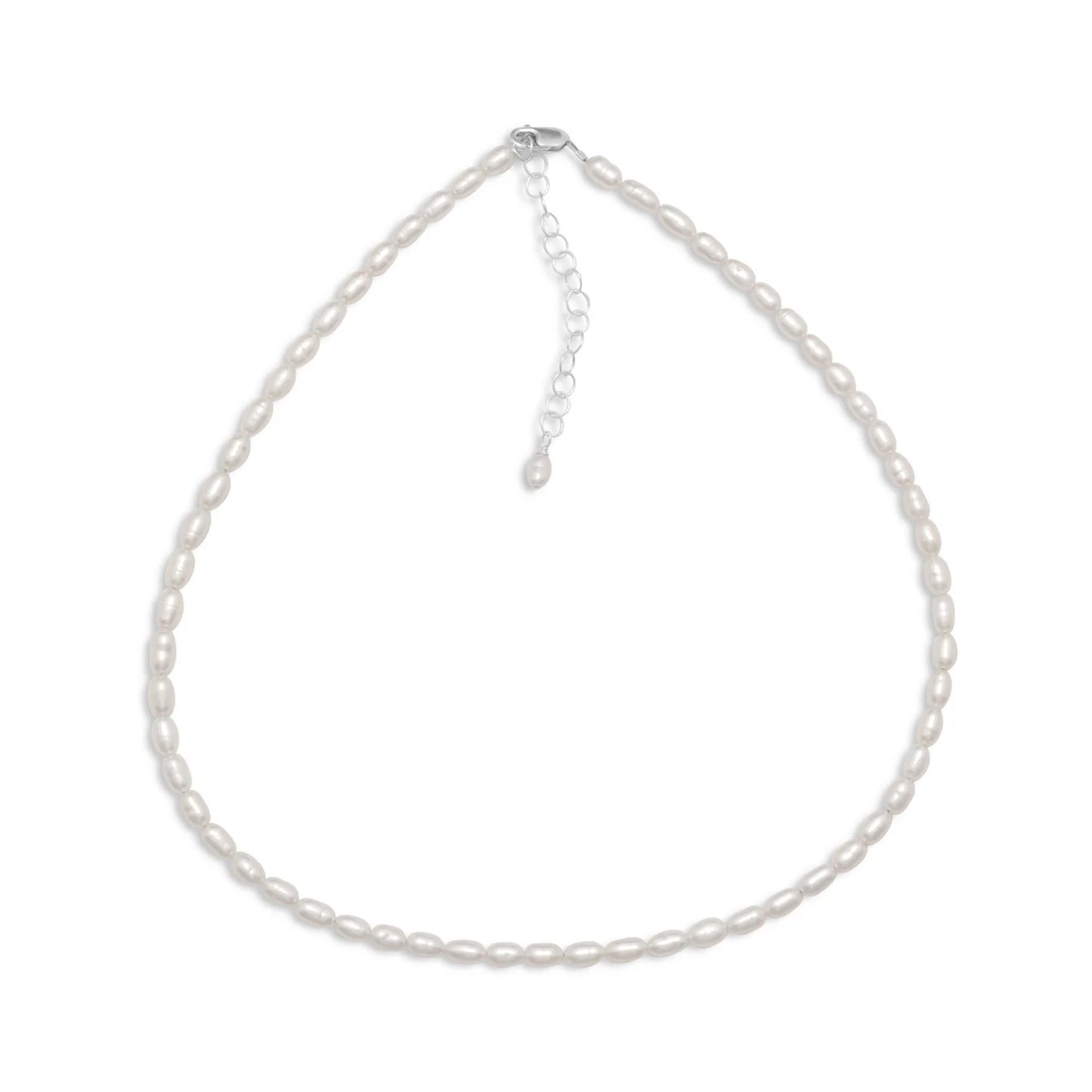 Sterling Silver Cultured Freshwater Rice Pearl Necklace, White, 13 Inch with 2 Inch Extension, 3.5mm x 5mm Pearls, Lobster Clasp