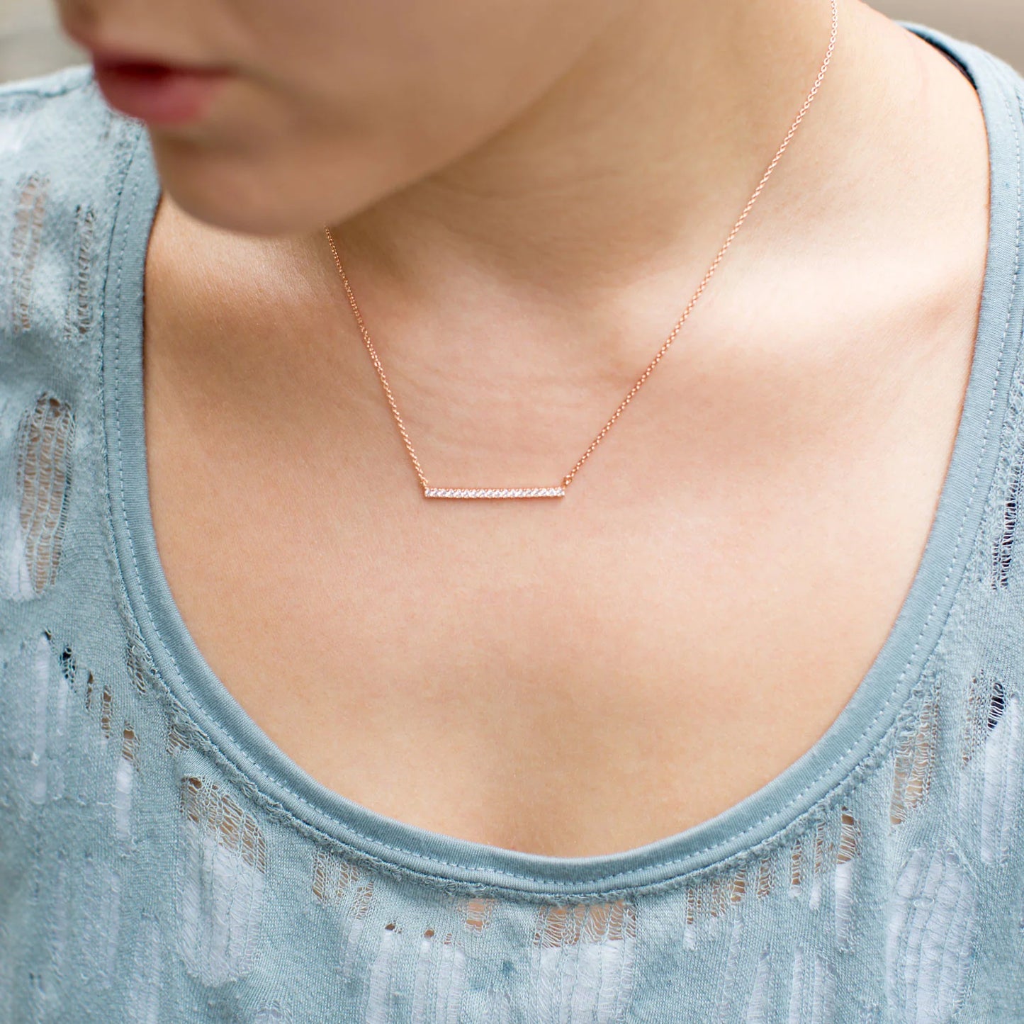 16" + 2" extension 14 Karat Rose Gold Plated CZ Bar Necklace