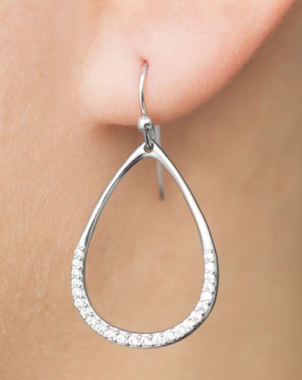 CZ Pear Drop Earrings Rhodium Plated 925 Sterling Silver Cutout Oval Frame 35mm