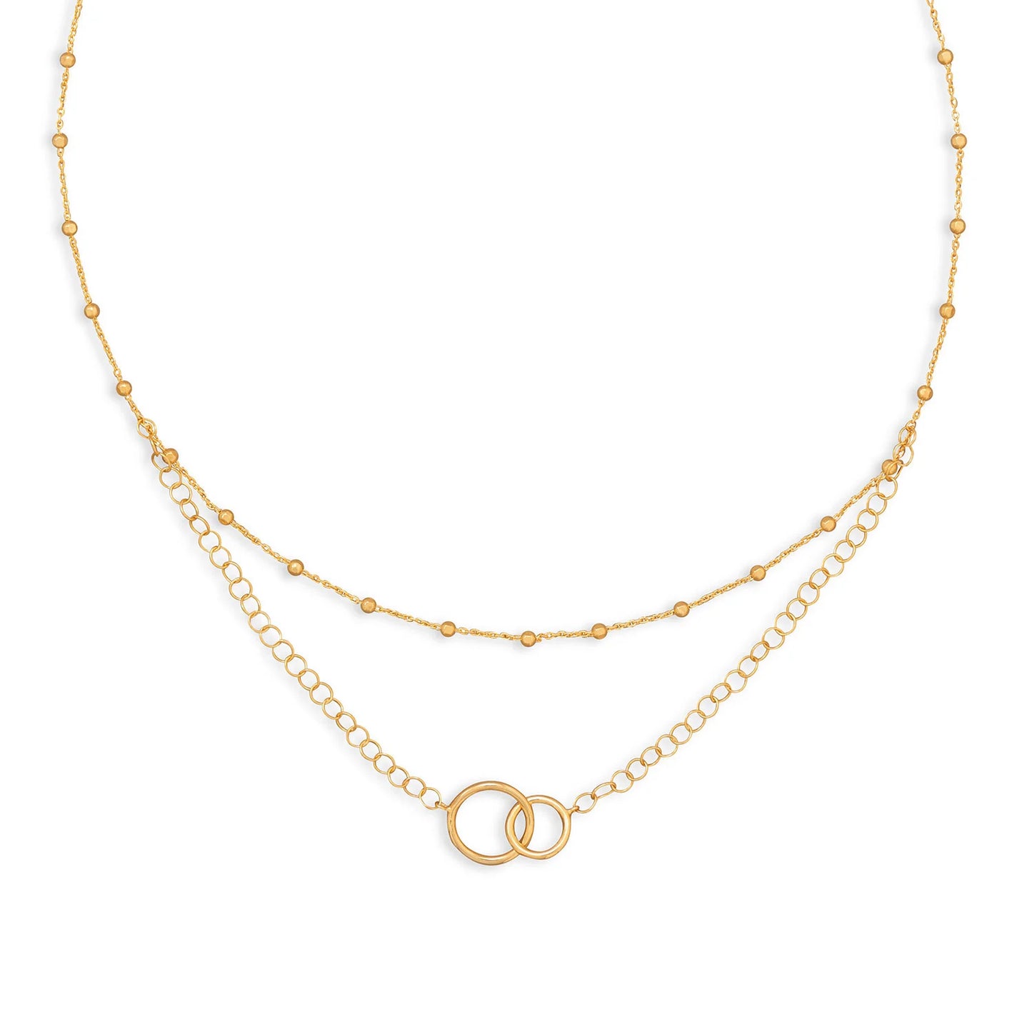 14 Karat Gold Plated Sterling Silver Multistrand Beaded Chain Necklace with Interlocking Circles, 16 Inch, 2mm Beads