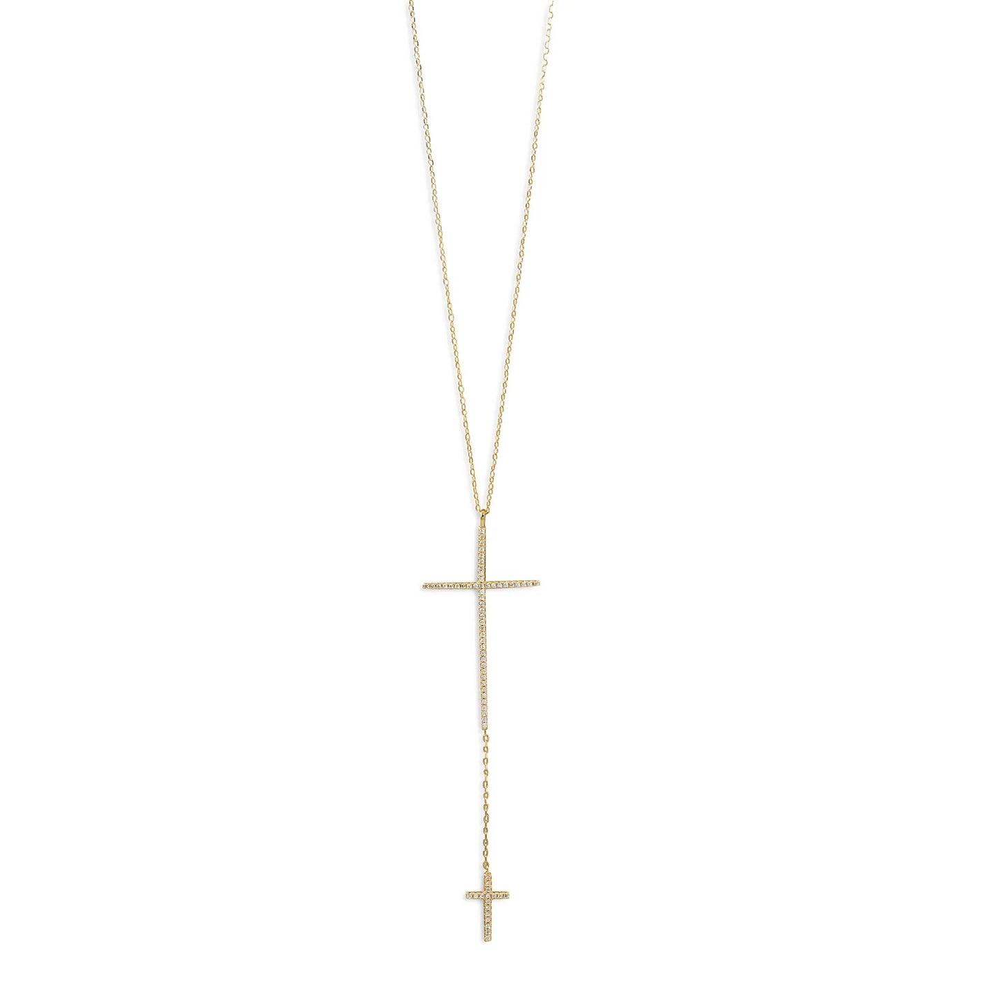 14 Karat Gold Plated Sterling Silver Necklace with Double CZ Cross Drop, 24 Inch Chain, Lobster Clasp