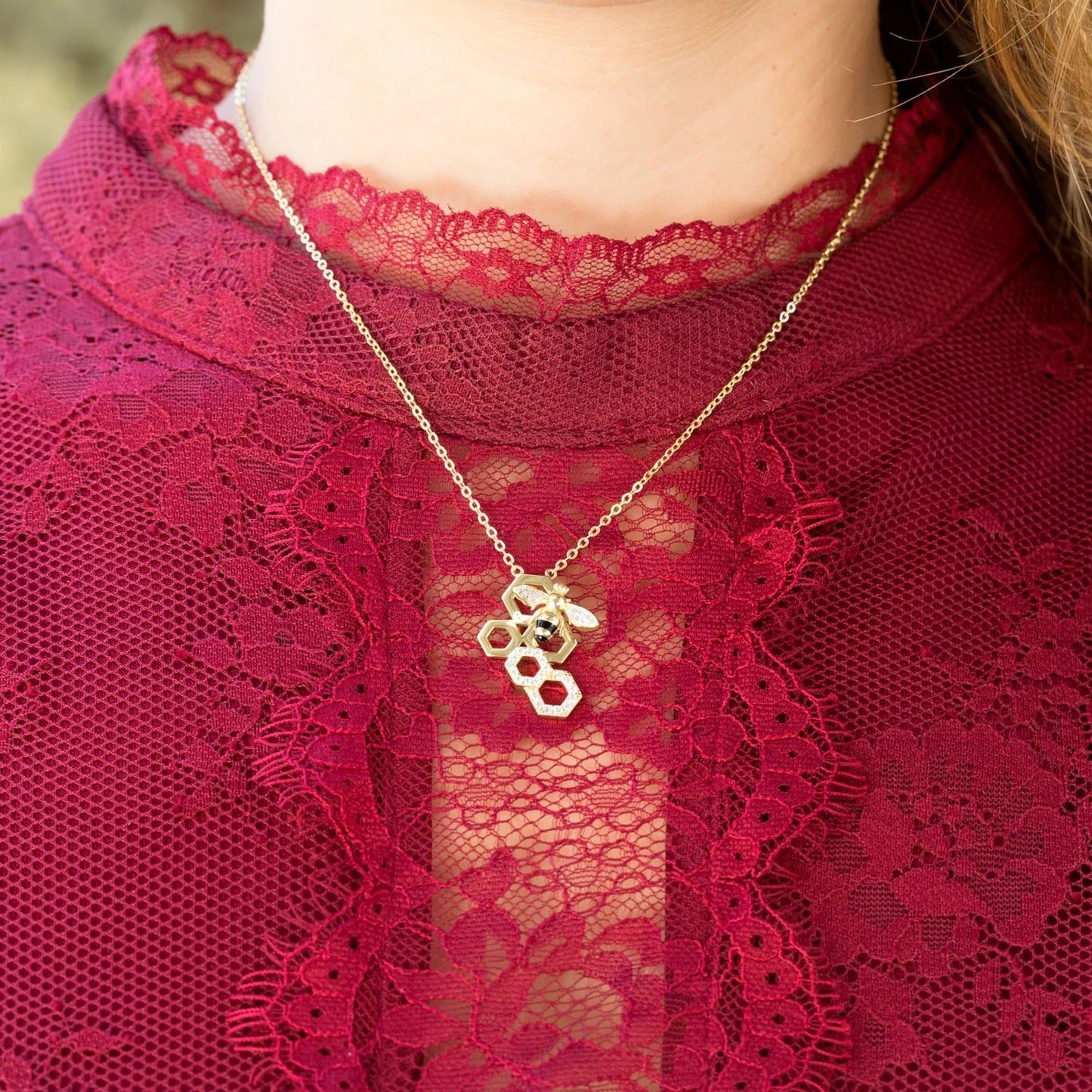 16" + 2" extension 14 Karat Gold Plated and Signity CZ Bee Necklace