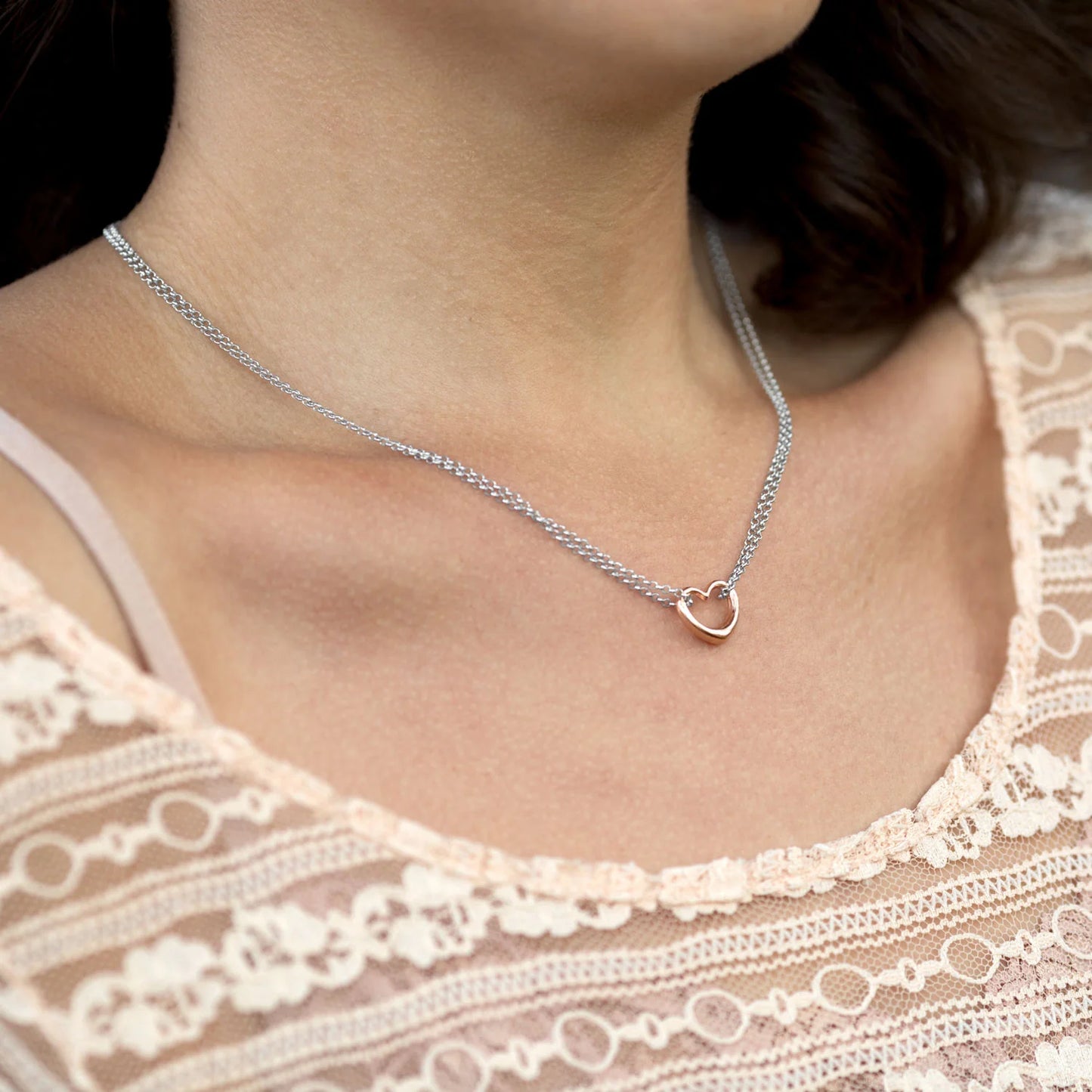 Heart Necklace - Sterling Silver Double Strand Rose Gold Pendant Italian