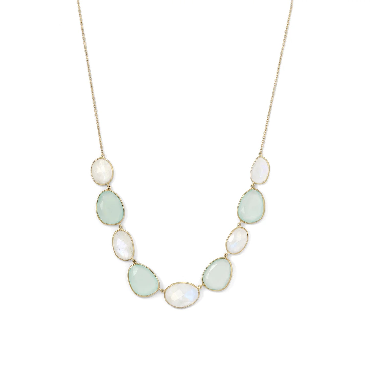 14 Karat Gold Plated Sterling Silver Necklace with Rainbow Moonstone, Green Chalcedony, 16 Inch Chain, Bezel Set Oval Stones