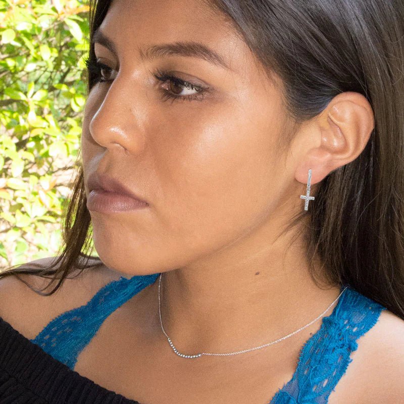 Sterling Silver Rhodium Plated Cross Drop Hoop Earrings with CZ Stones, 25mm Length, 11.4mm Diameter