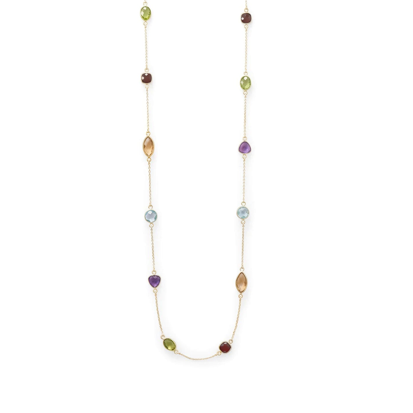 14K Gold Plated Sterling Silver Multi-Gemstone Necklace, 25 Inch Chain, Citrine Garnet Peridot Amethyst Topaz
