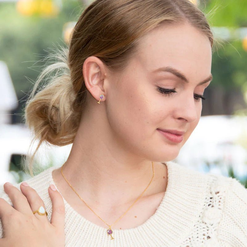 14 Karat Gold Plated Sterling Silver Wine Glass Stud Earrings, Red and White CZ Pave, 6.1x13mm