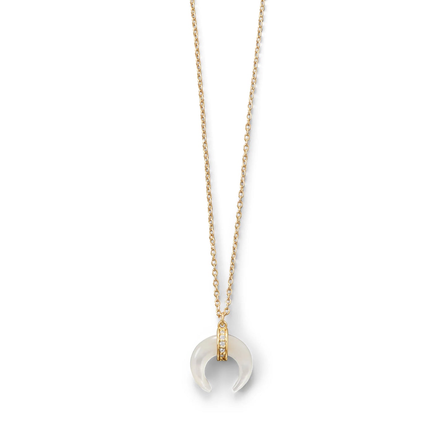 15"+1"+1" Mother of Pearl and CZ Crescent Gold Plated Necklace