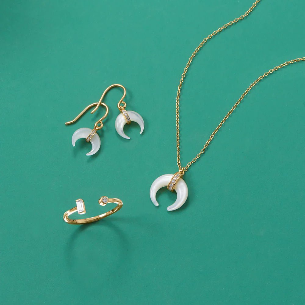 Mother of Pearl Necklace - 14K Gold Plated Sterling Silver Crescent Pendant