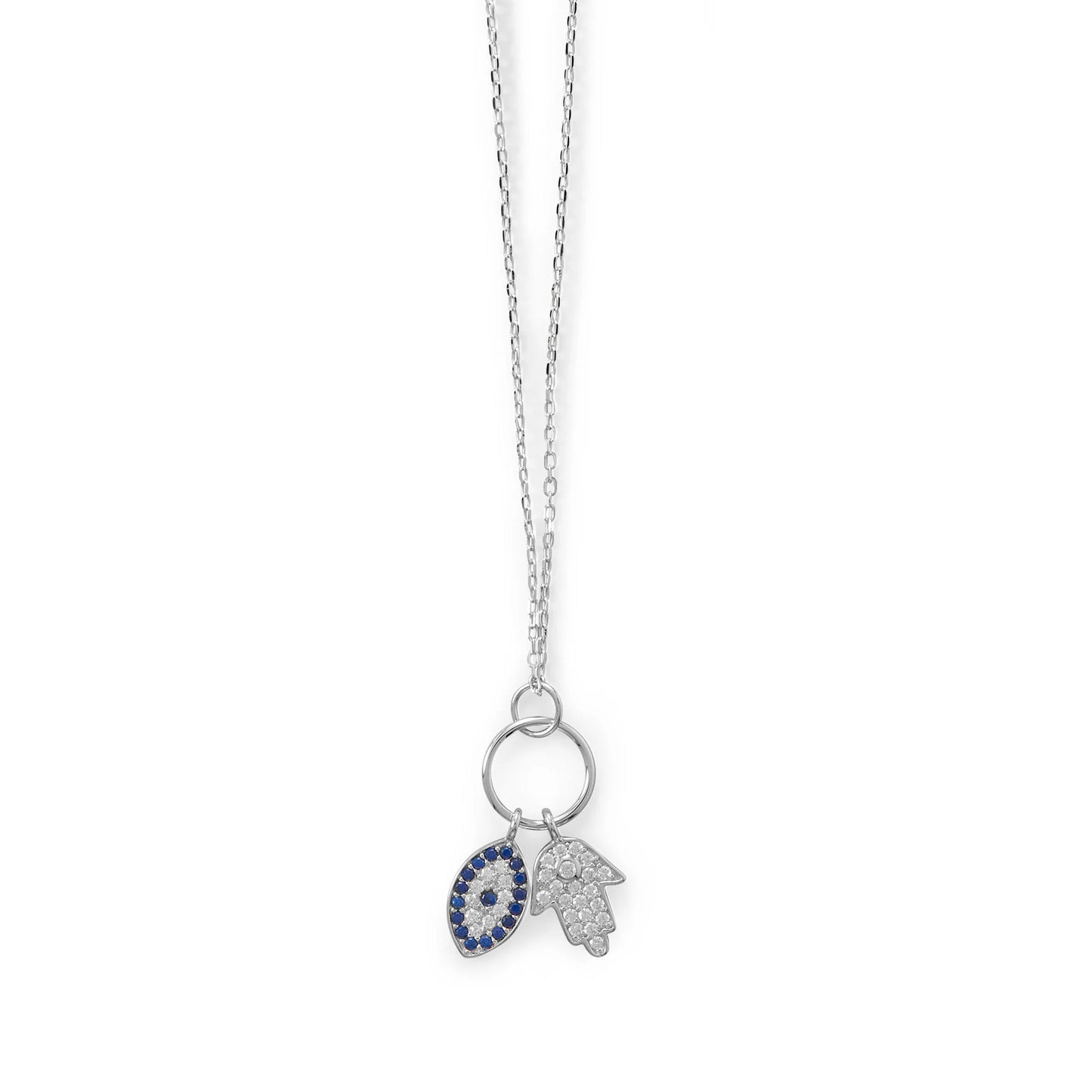 Sterling Silver Hamsa and Evil Eye CZ Pendant Necklace, Rhodium Plated, 16 Inch Chain with 2 Inch Extension, clear and blue CZs