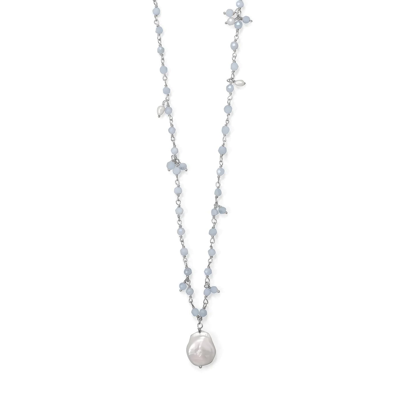 Sterling Silver Aquamarine and Cultured Freshwater Pearl Beaded Necklace, Ice Blue, 18 Inch with 2 Inch Extension