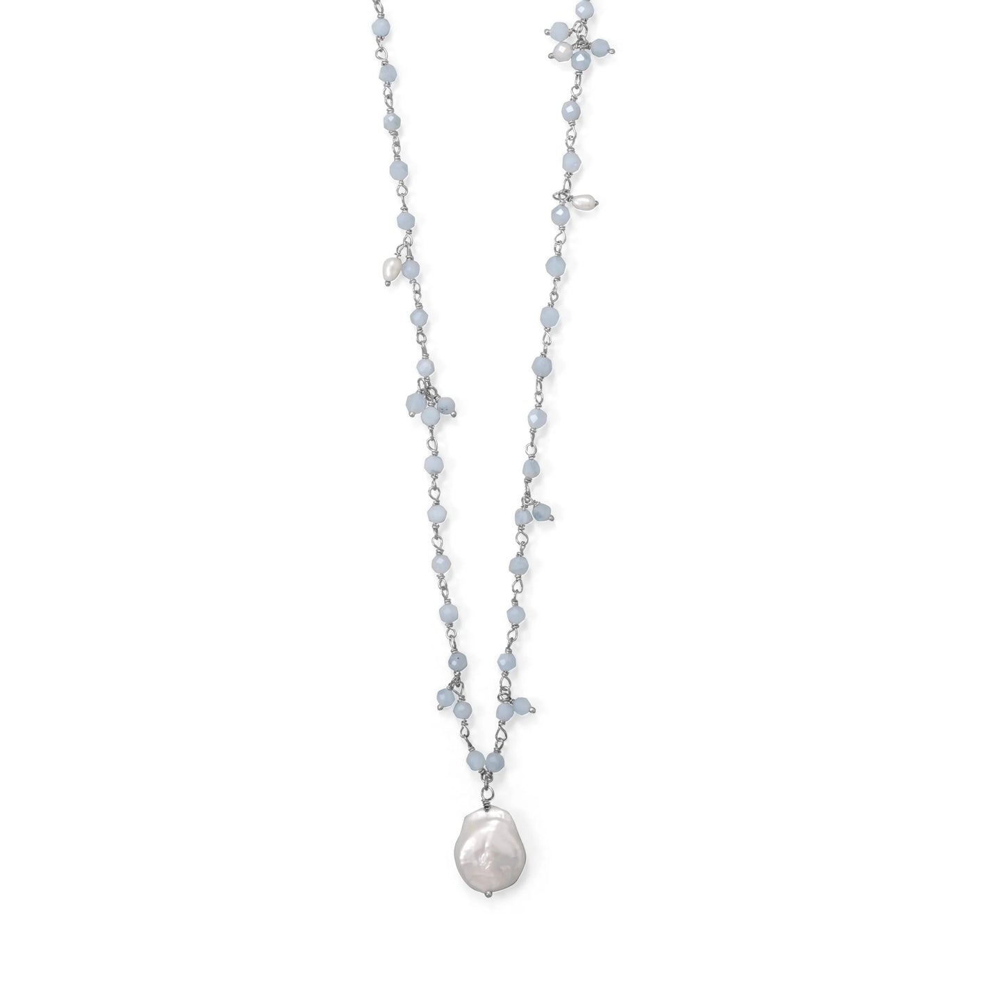 Sterling Silver Aquamarine and Cultured Freshwater Pearl Beaded Necklace, Ice Blue, 18 Inch with 2 Inch Extension