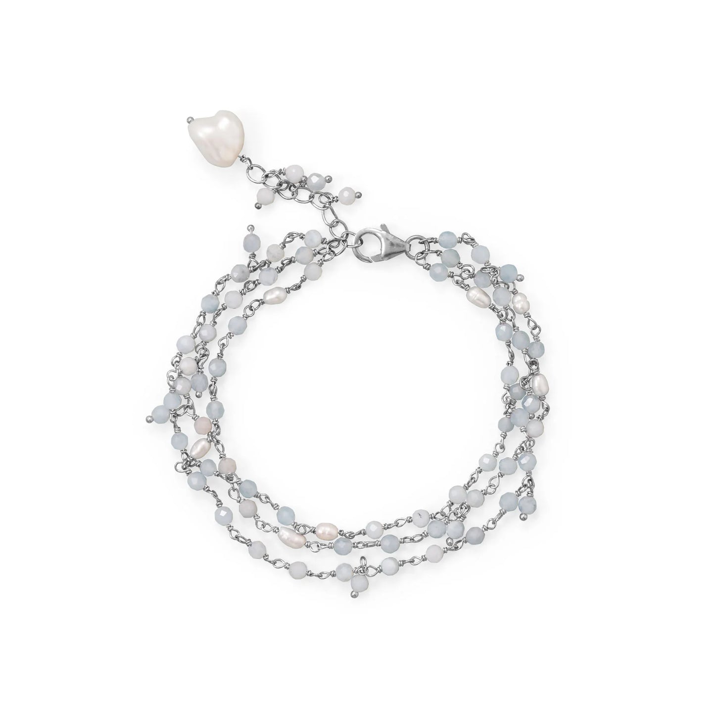 Aquamarine and Pearl Bracelet - Sterling Silver Three Strand Design