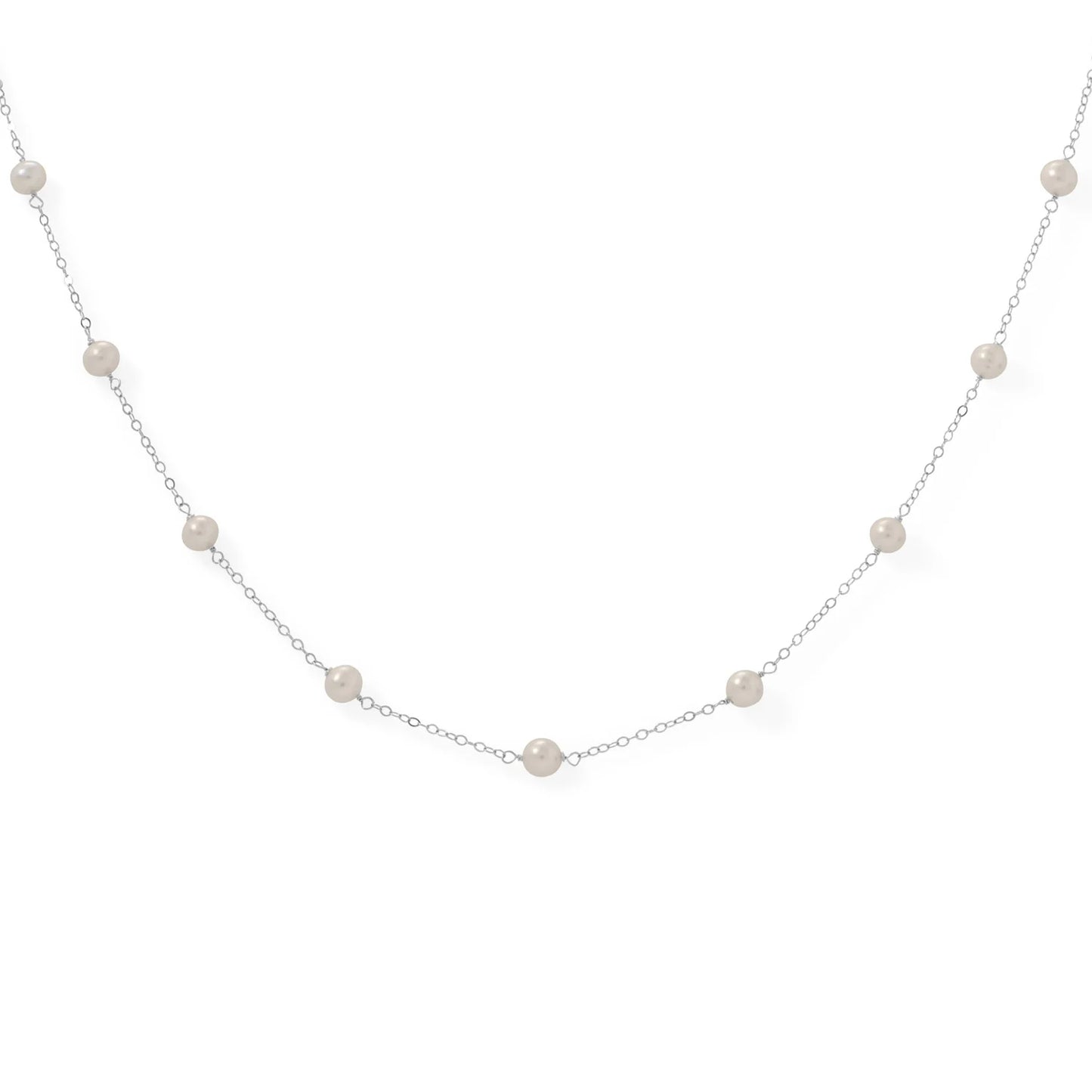 Sterling Silver Cultured Freshwater Pearl Necklace, 16 Inch, 9 Near Round Pearls, 5.5-6mm, Bridal Style, Lobster Clasp