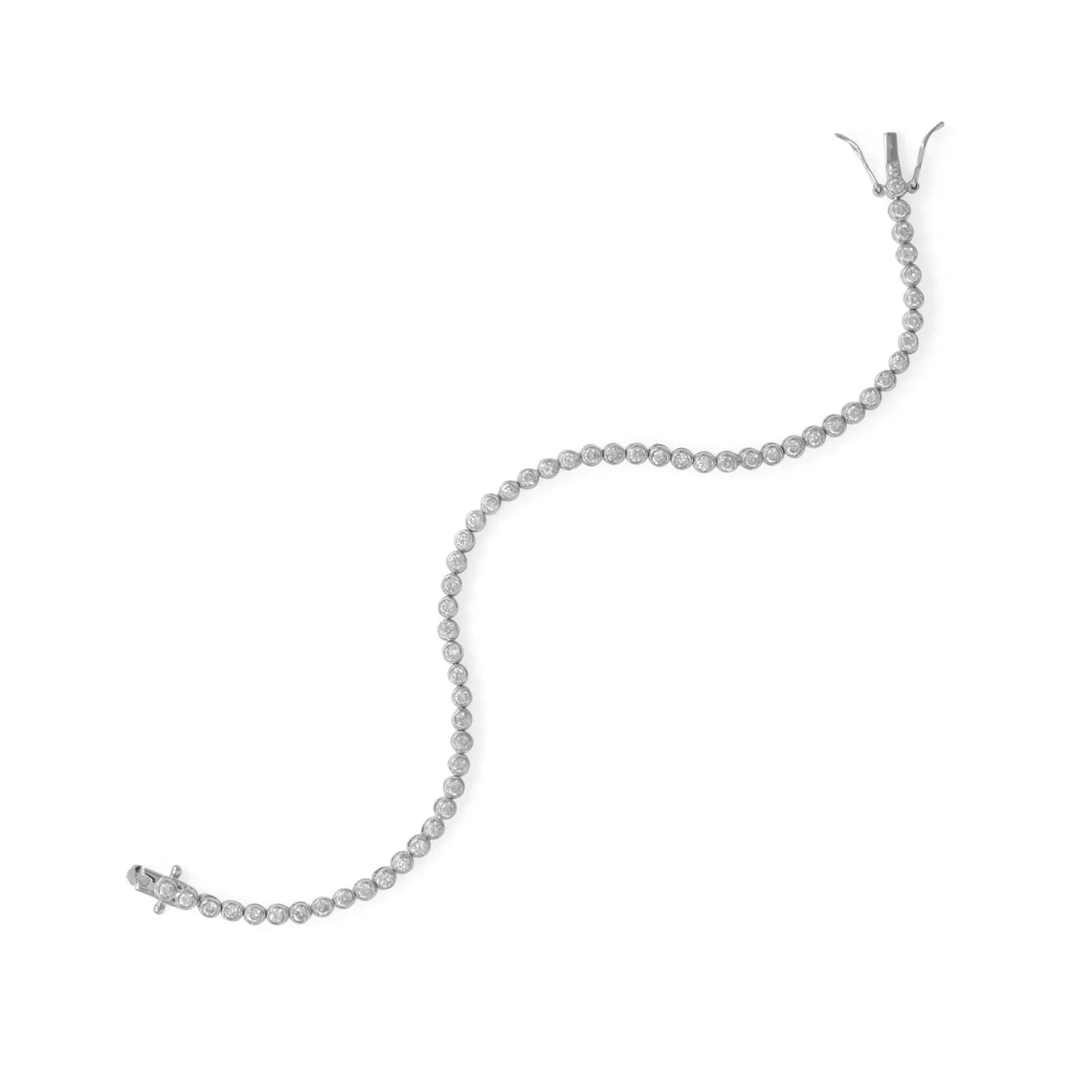 Sterling Silver CZ Tennis Bracelet, Rhodium Plated, 7.5 Inch, 2mm Round CZ Bezel Set, Double Safety Box Clasp