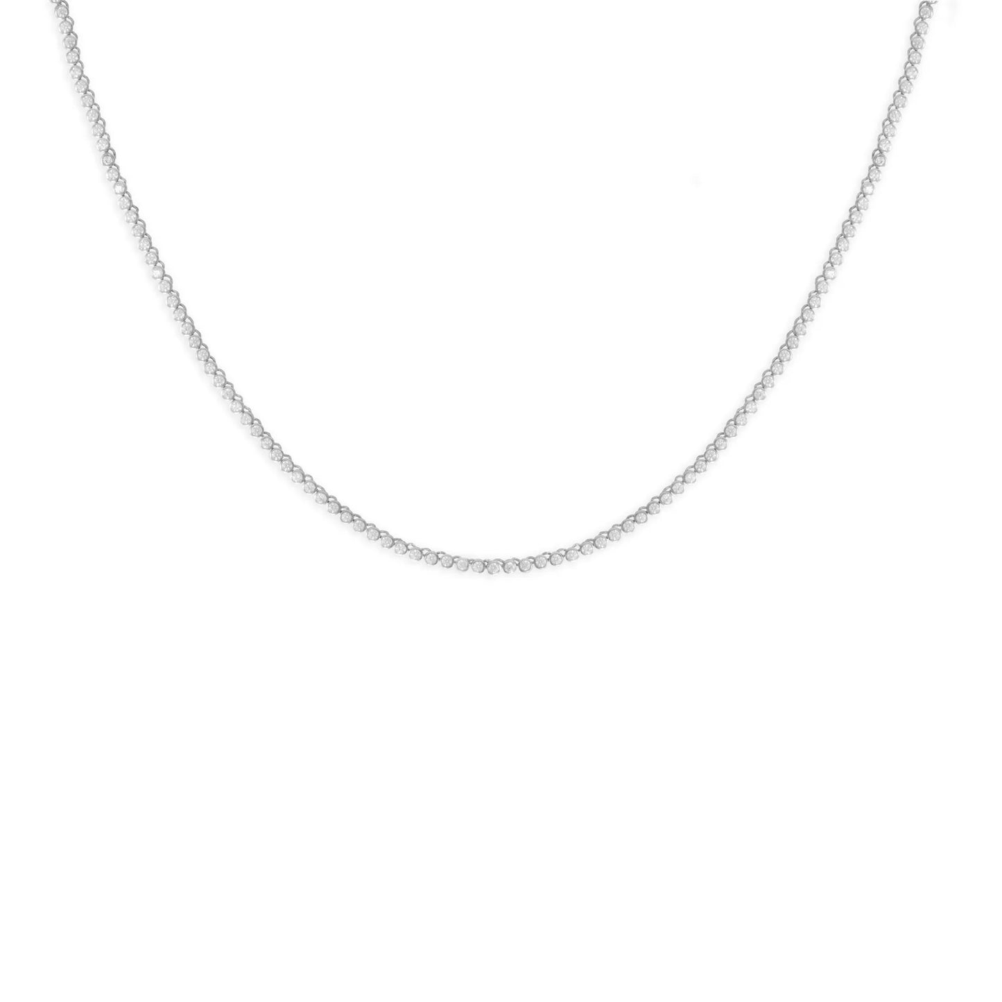 Sterling Silver Rhodium Plated Tennis Necklace, 2mm Round Bezel Set CZ Stones, Box Clasp, 15-18 Inch Chain