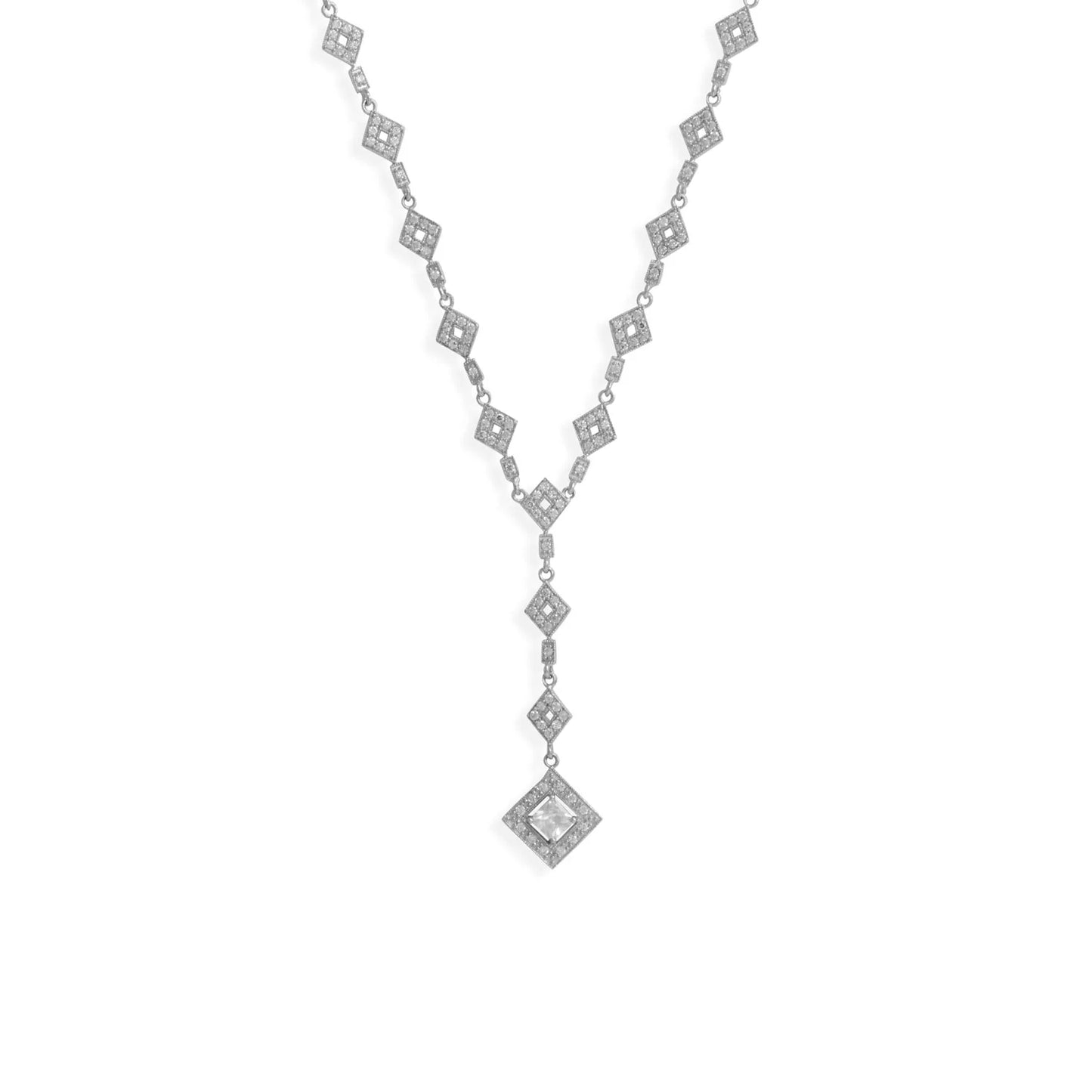Sterling Silver Y-Drop Necklace with CZ Diamond Designs, 16 Inch Rhodium Plated Chain, 2.5 Inch Drop