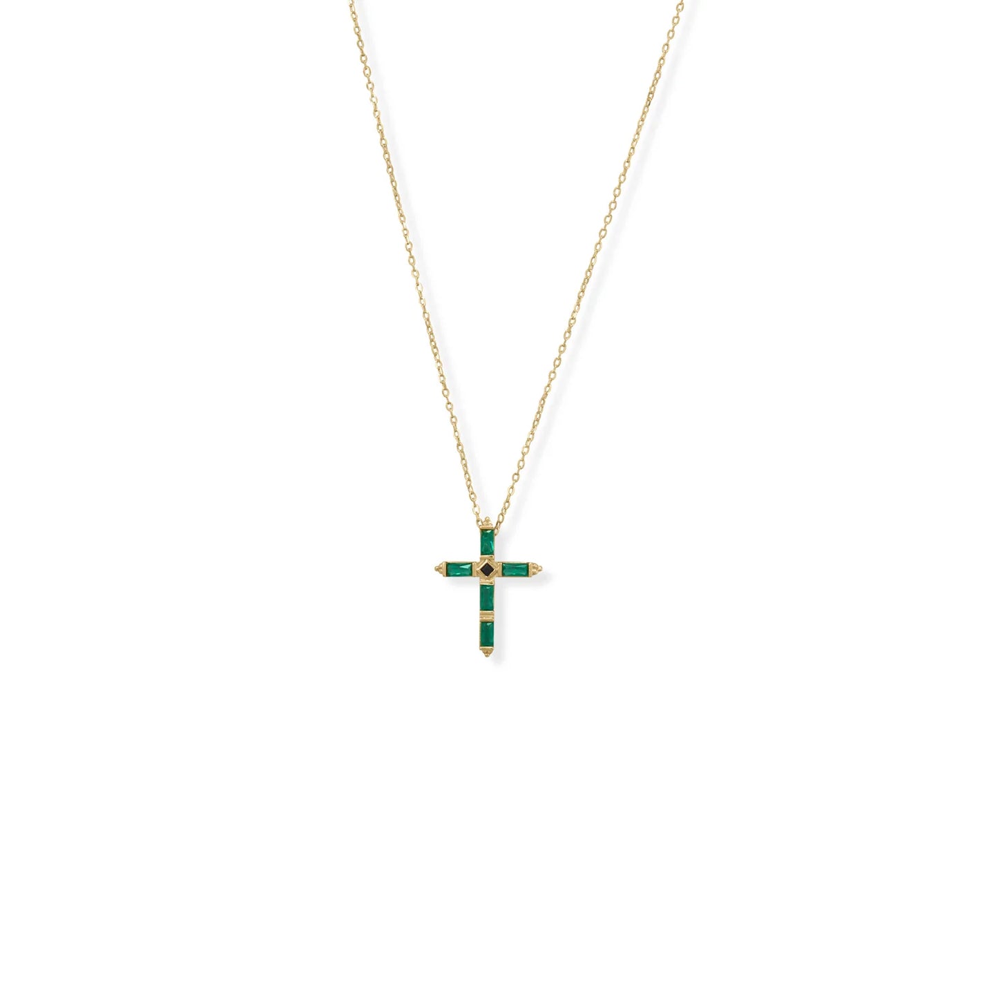 Sterling Silver Emerald Green, Black CZ Cross Pendant Necklace, 14K Gold Plated, 16+2 Inch Chain, Baguette CZ