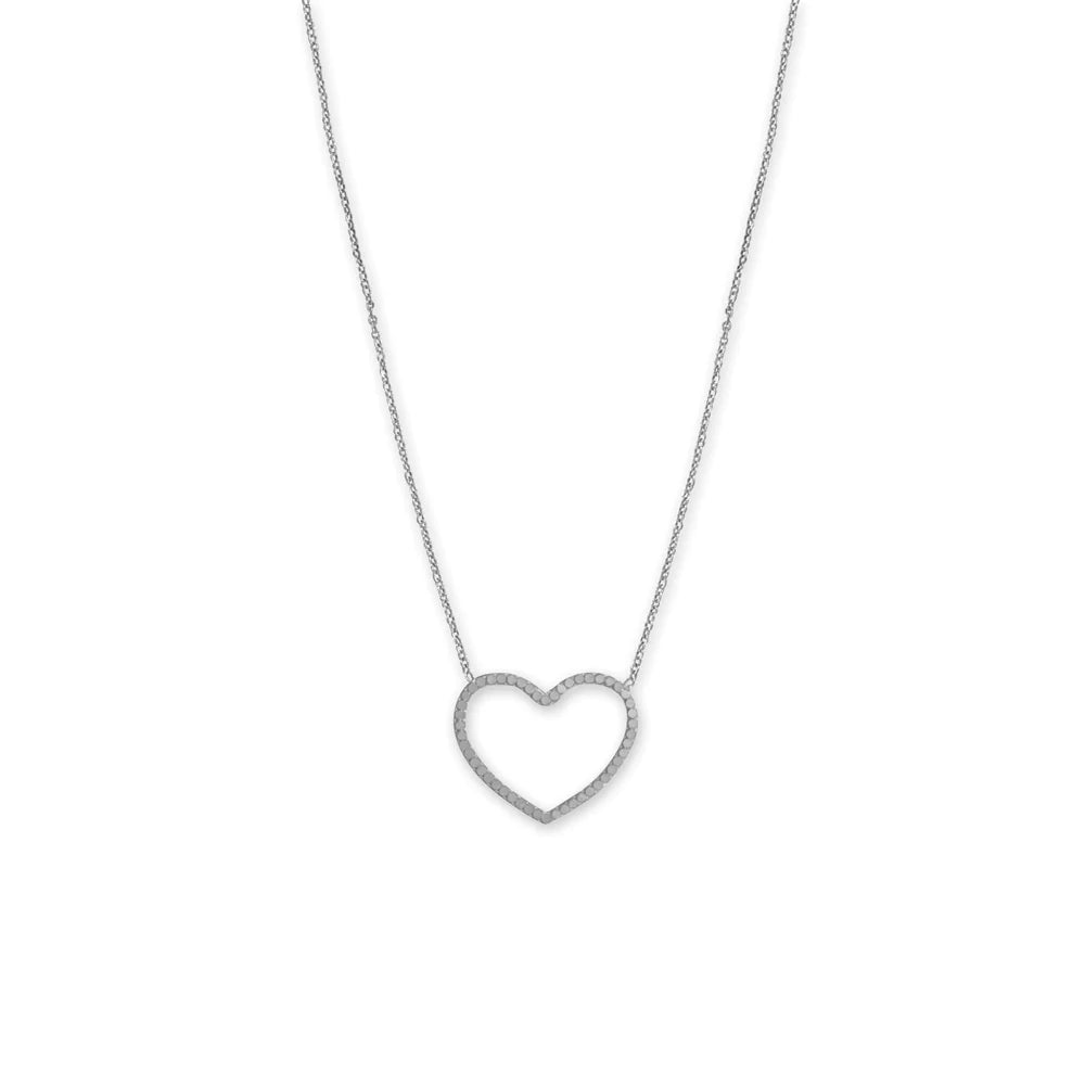 16" + 2" Rhodium Plated Diamond Cut Heart Outline Necklace