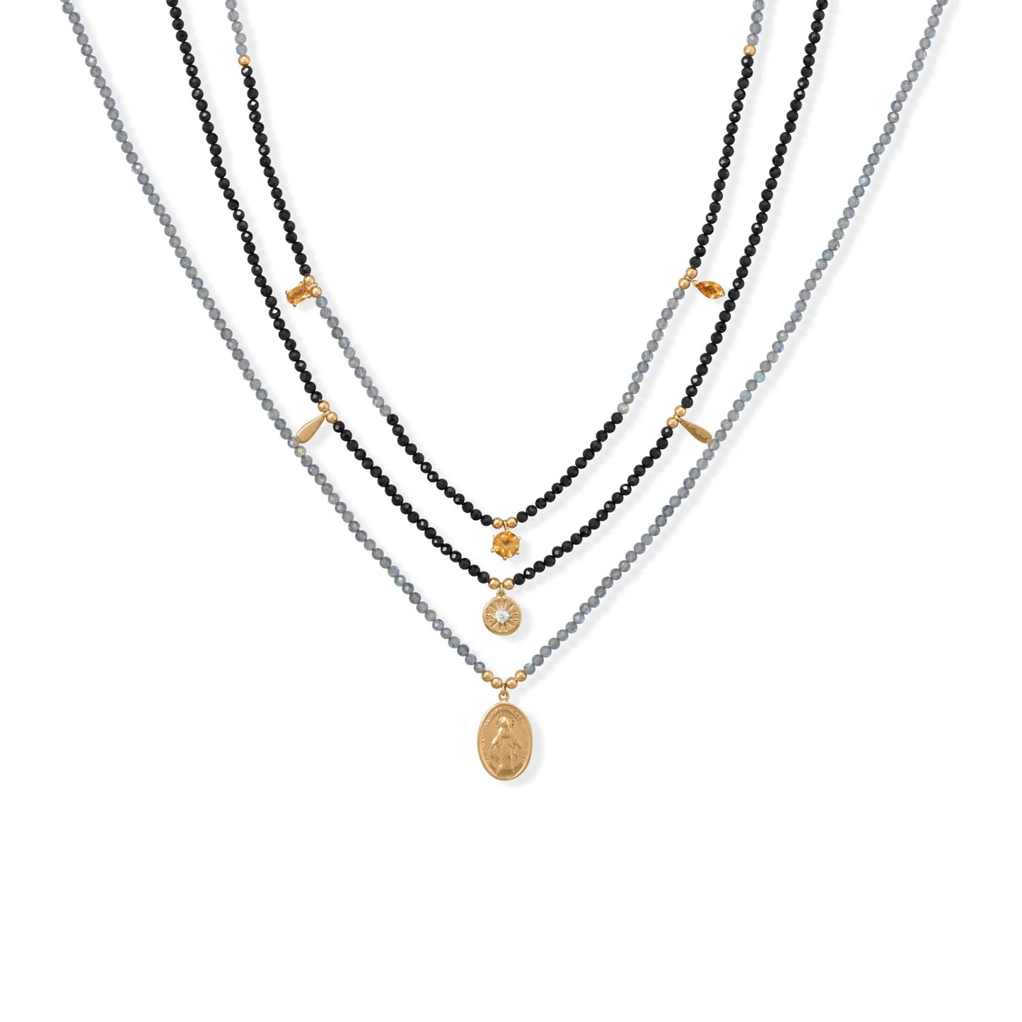 16" + 2" 14 Karat Gold Plated Charm and Black Spinel Necklace