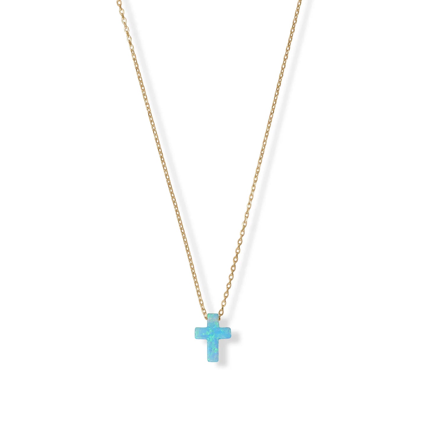 14 Karat Gold Plated Sterling Silver Necklace with Blue Synthetic Opal Cross Pendant, 16 Inch Chain with 2 Inch Extender