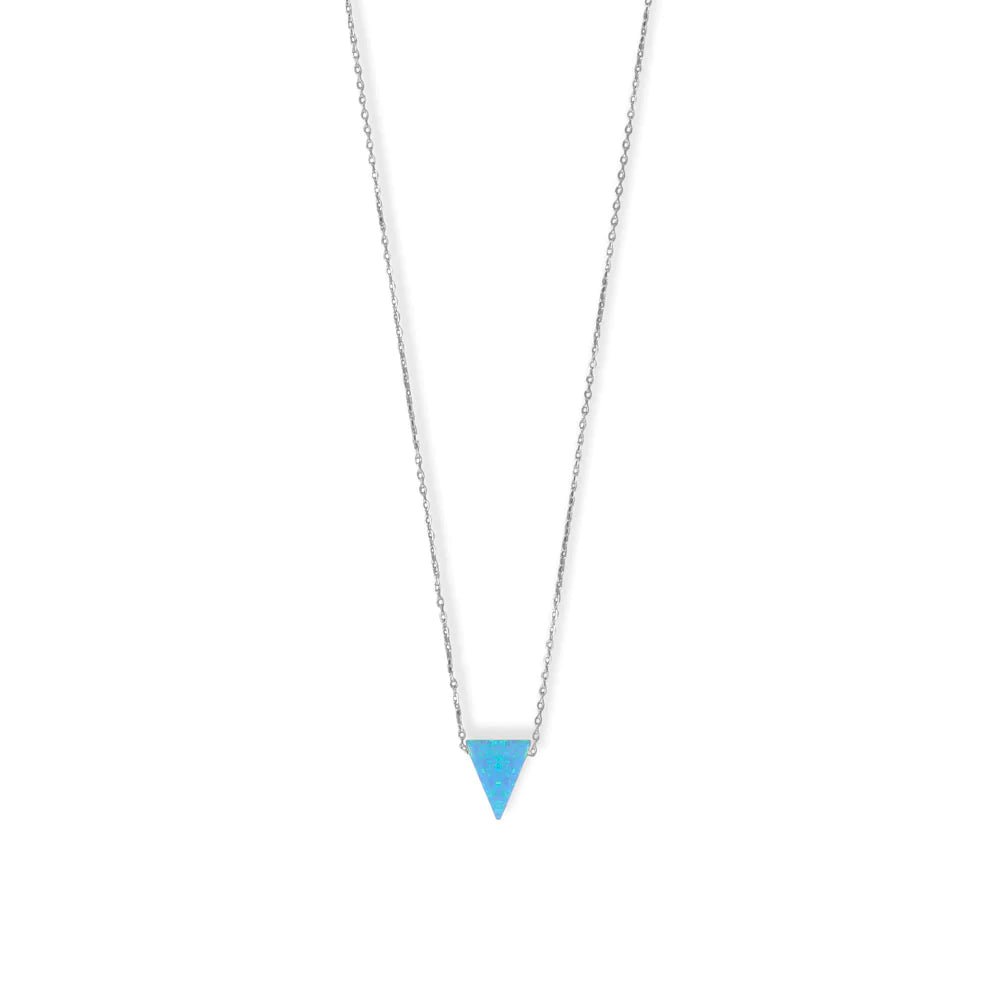 Sterling Silver Triangle Synthetic Blue Opal Pendant Necklace, Rhodium Plated, 16 Inch Chain with 2 Inch Extender