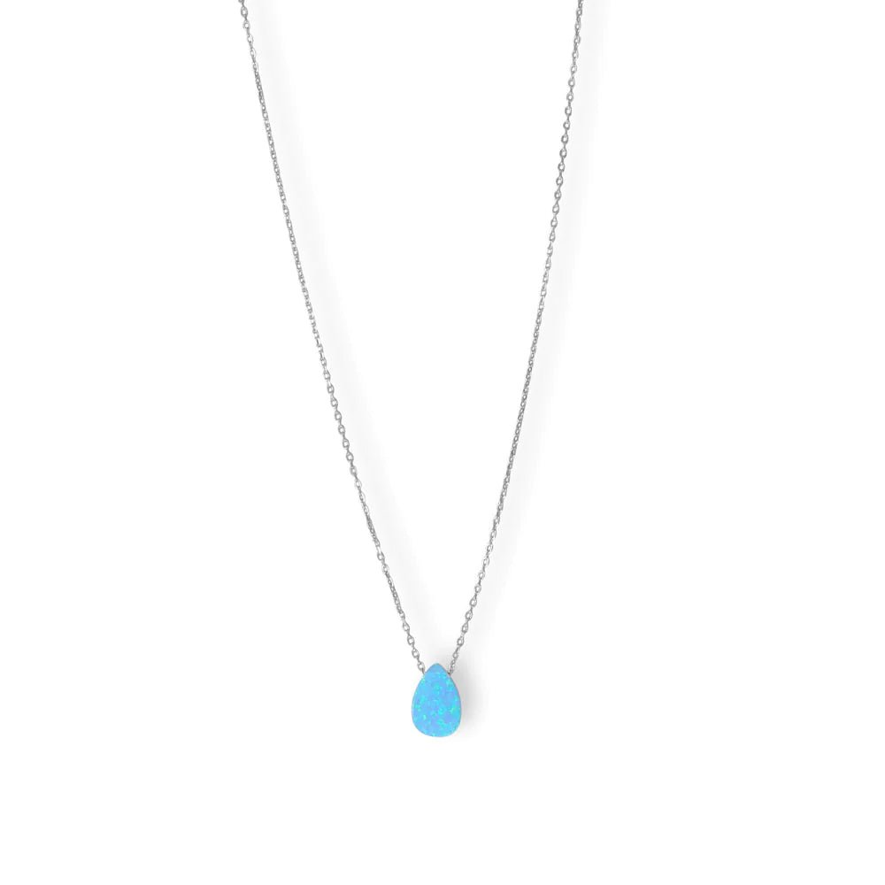 Sterling Silver Blue Synthetic Floating Opal Raindrop Pendant Necklace, Rhodium Plated, 16+2 Inch Chain, Pear Shape 9x12mm