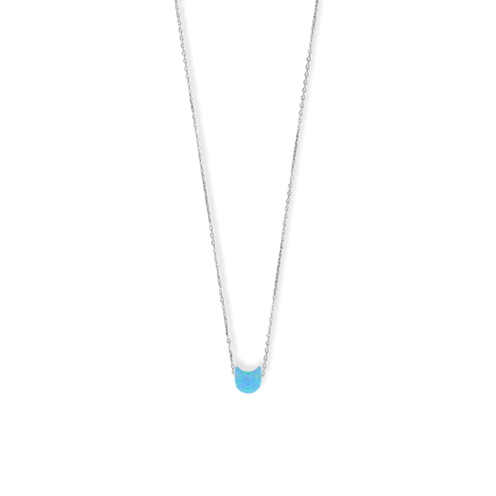 Sterling Silver Rhodium Plated Blue Synthetic Opal Kitty Cat Face Pendant Necklace, 16 Inch Chain with 2 Inch Extender