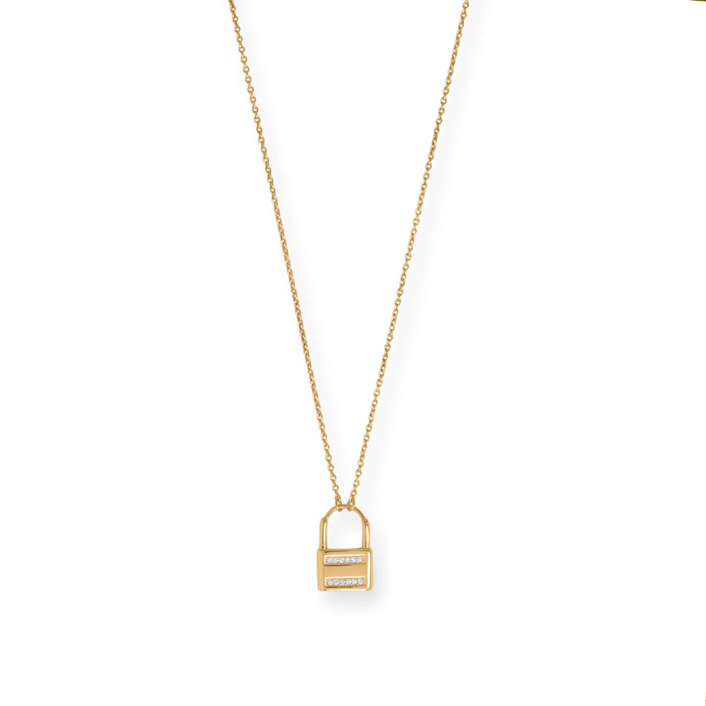 14 Karat Gold Plated Sterling Silver Lock Chain Necklace with CZ Accents, 16 Inch with 2 Inch Extender, Lobster Clasp