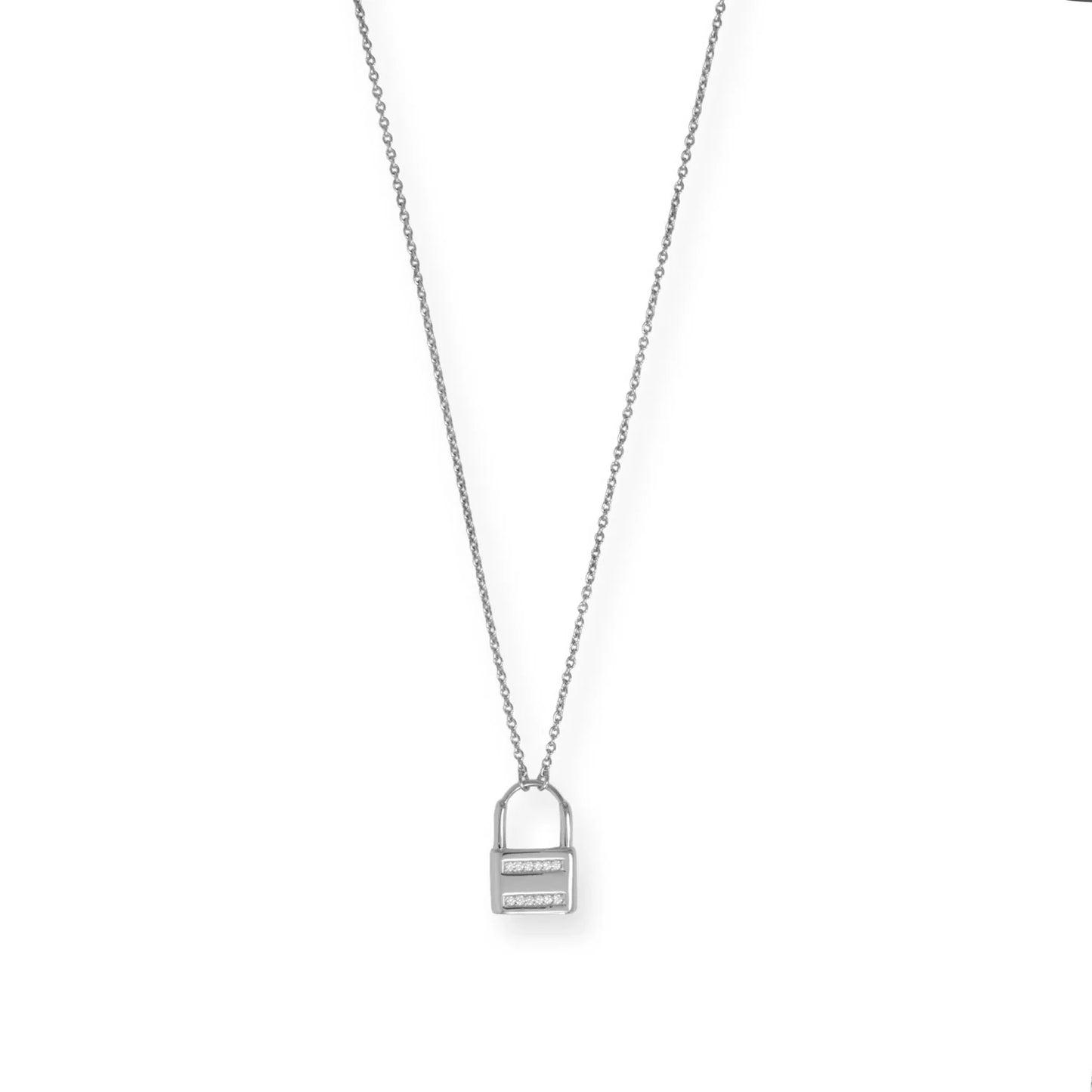 Lock Necklace - Sterling Silver Rhodium Plated CZ Charm