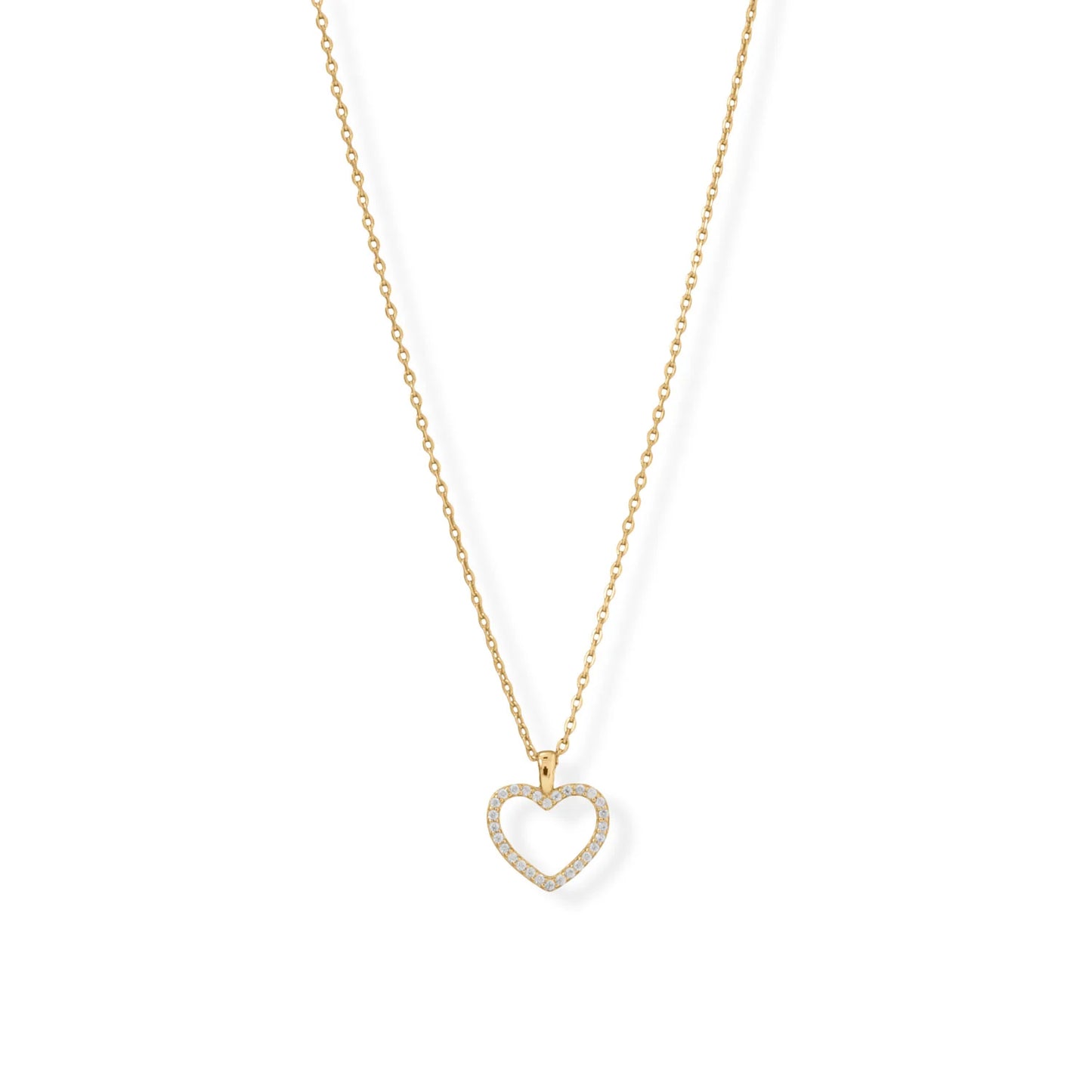 14 Karat Gold Plated Sterling Silver Heart Pendant Necklace with CZ, 16 Inch Chain with 2 Inch Extender, Lobster Clasp