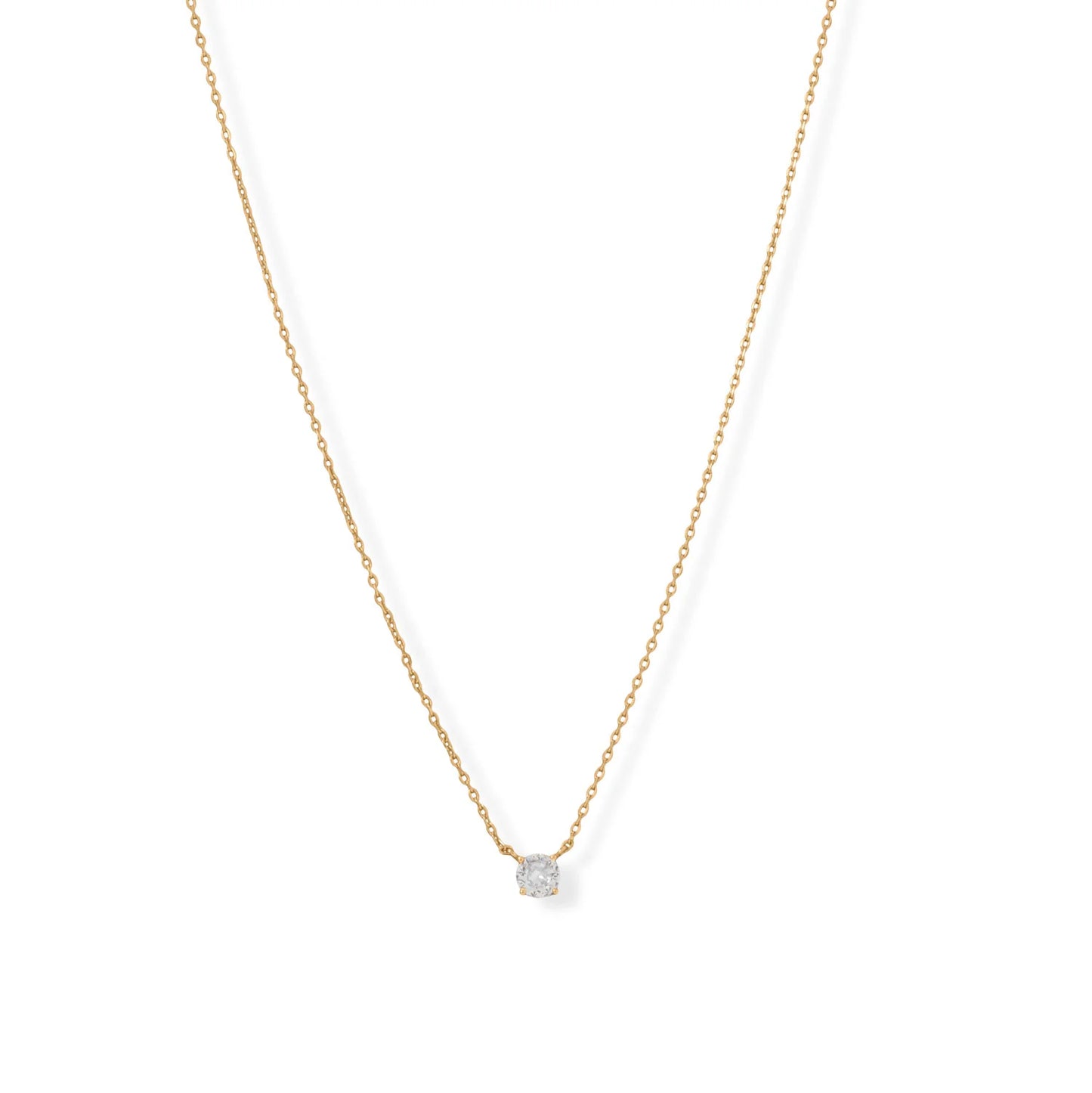 14 Karat Gold Plated Sterling Silver Chain Necklace with 5mm CZ Solitaire Pendant, 15 Inch with 2 Inch Extender