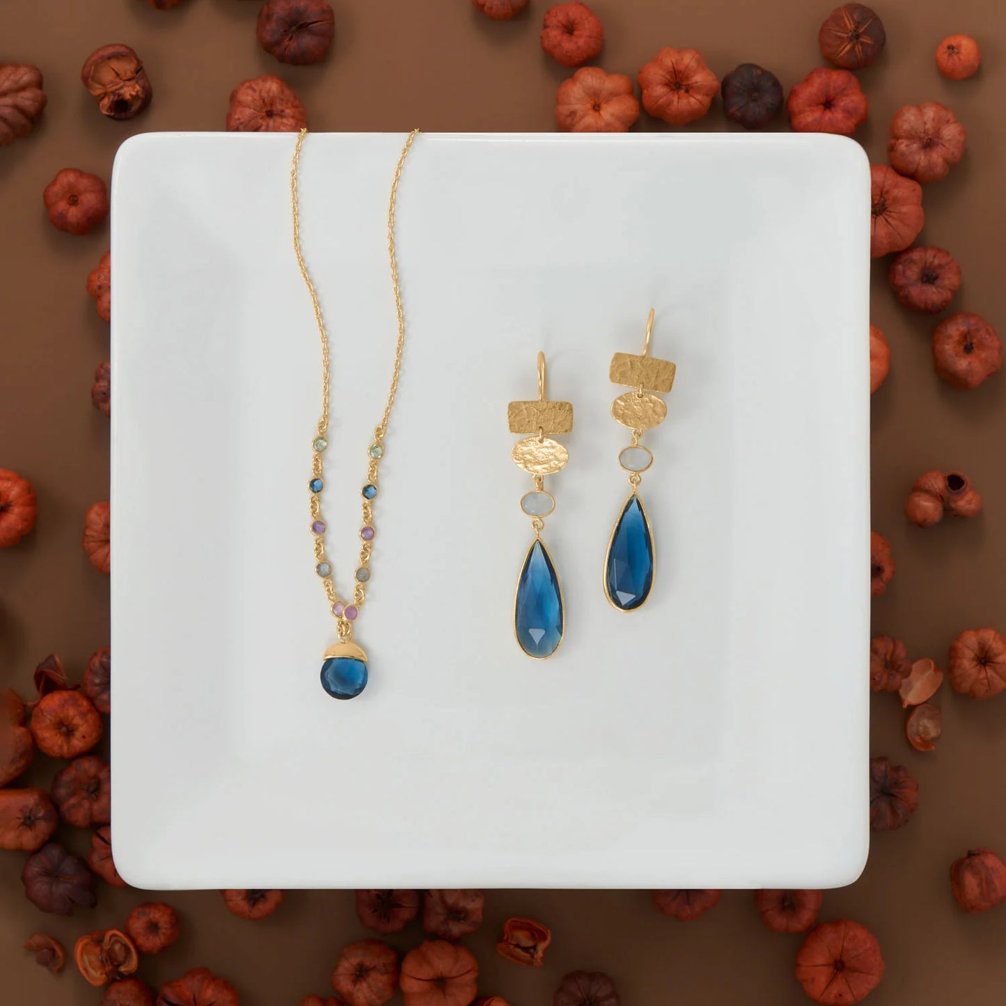 14 Karat Gold Plated Sterling Silver Drop Earrings, Blue Glass Pear and Chalcedony, 66mm Length