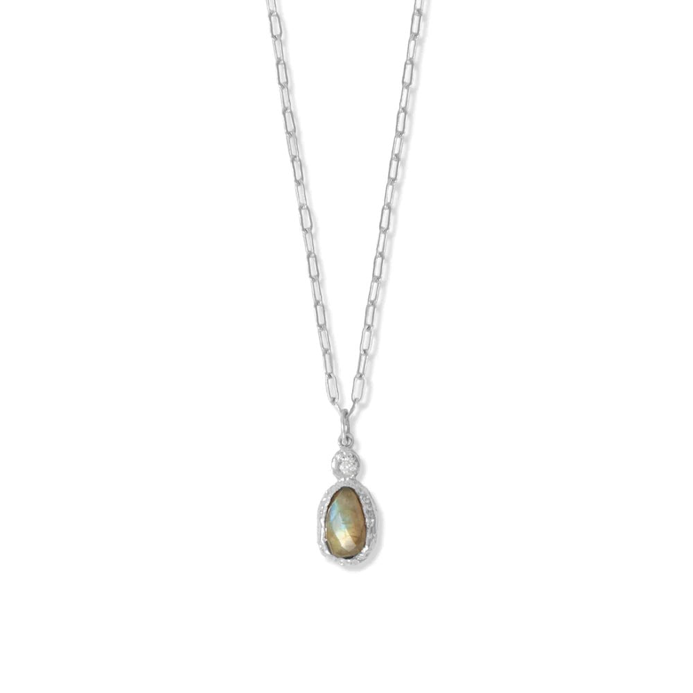 Sterling Silver Rhodium Plated Necklace with CZ, Labradorite Drop, 16 Inch Chain, 2mm Paperclip Style chain, Lobster Clasp