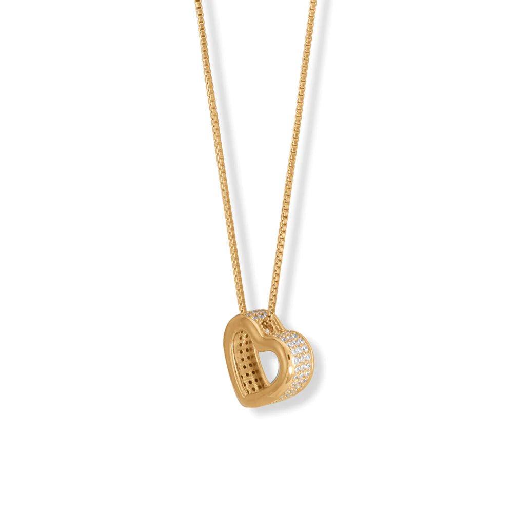 14 Karat Gold Plated Sterling Silver Floating Heart Pendant Necklace with CZ Pave, 16 Inch + 2 Inch Chain