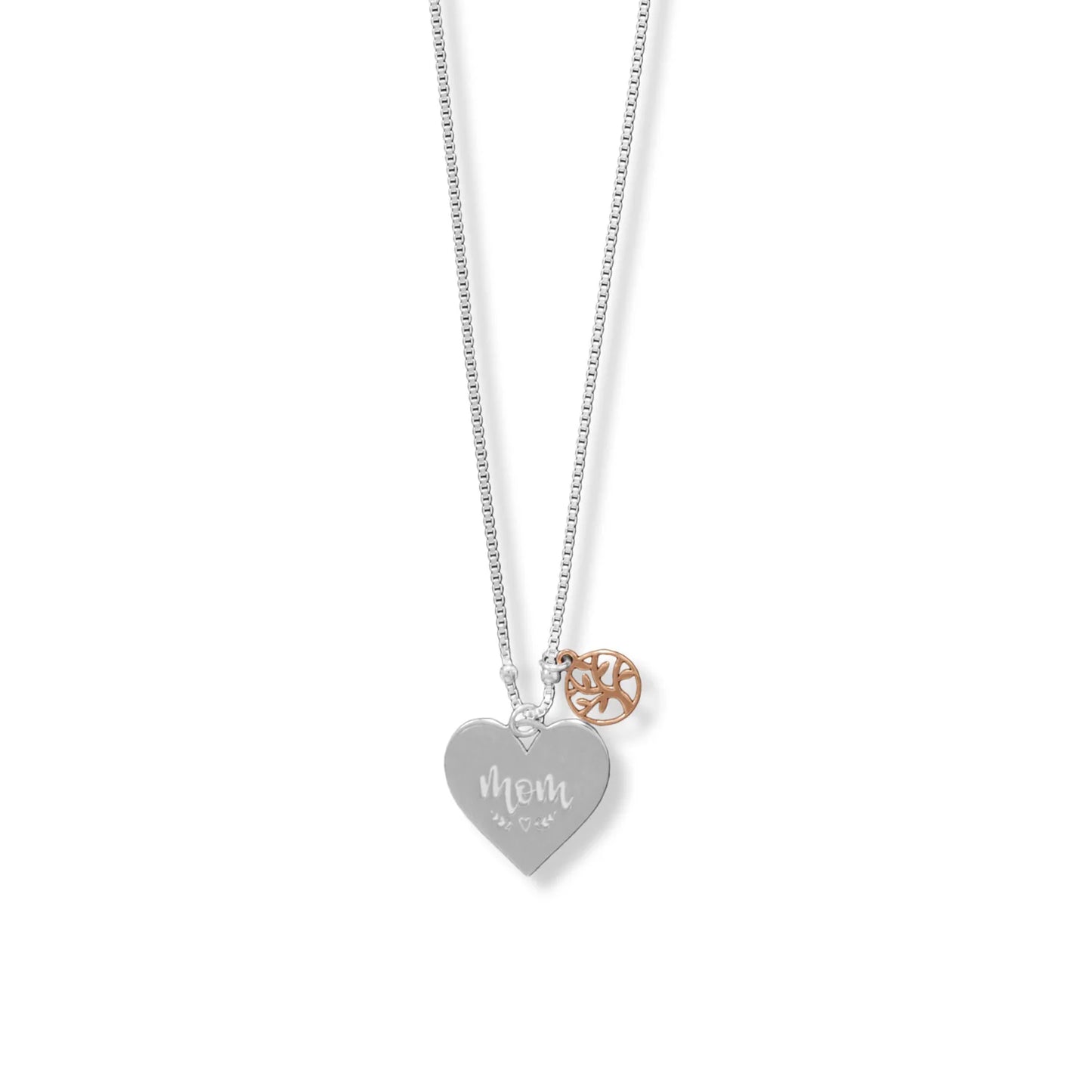 Sterling Silver Mom Heart and Family Tree Charm Necklace, 16+2 Inch Chain, Rose Gold Plated Accents, Spring Ring Closure