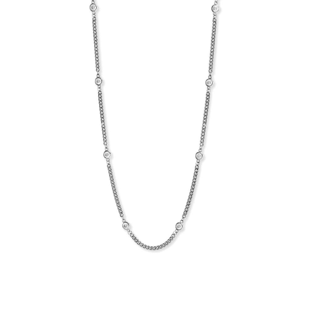 Sterling Silver Rhodium Plated Curb Chain Necklace with Bezel Set CZ Stones, 16 Inch with 2 Inch Extender, Lobster Clasp