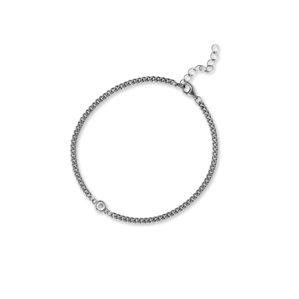 Sterling Silver Bezel CZ Curb Chain Bracelet, Rhodium Plated, 6.5 Inch with 1 Inch Extender