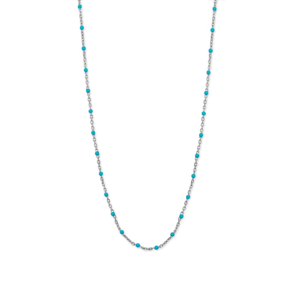 Rhodium Plated Sterling Silver Blue Enamel Satellite Chain Necklace, Made in Italy, .925 Silver