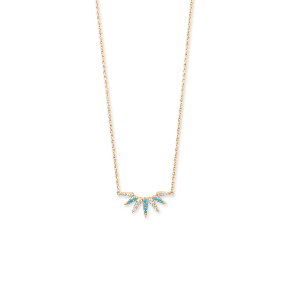 Turquoise and CZ Necklace - 14K Gold Plated Sterling Silver Sunray Pendant