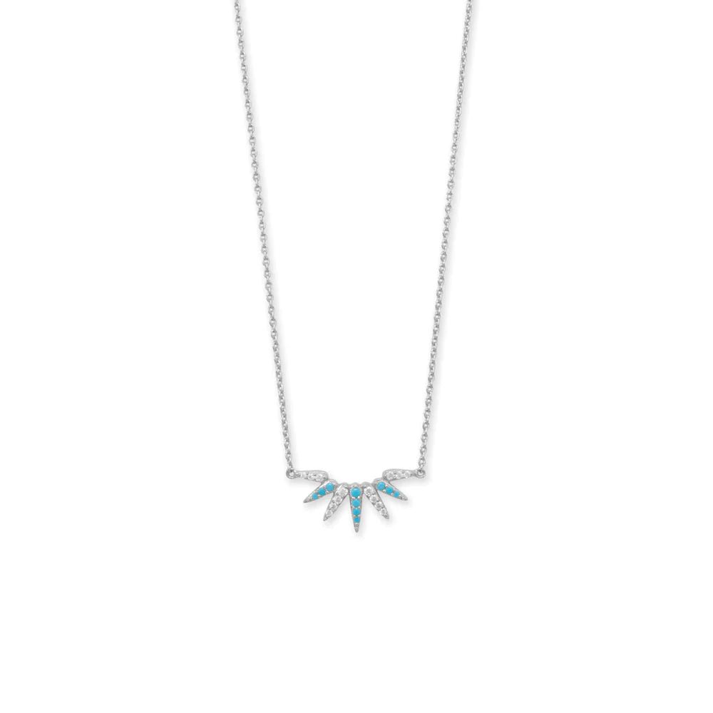 Sterling Silver Turquoise CZ Sunray Spike Necklace, Rhodium Plated, 16 Inch Chain with 2 Inch Extender, White CZ Accents