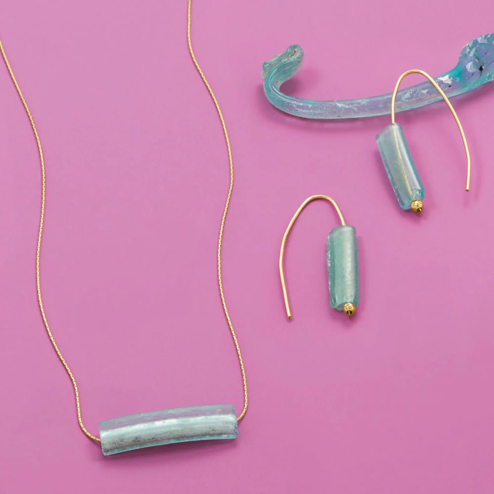 Ancient Roman Glass Necklace - Gold Filled Bar Pendant Historical Vase