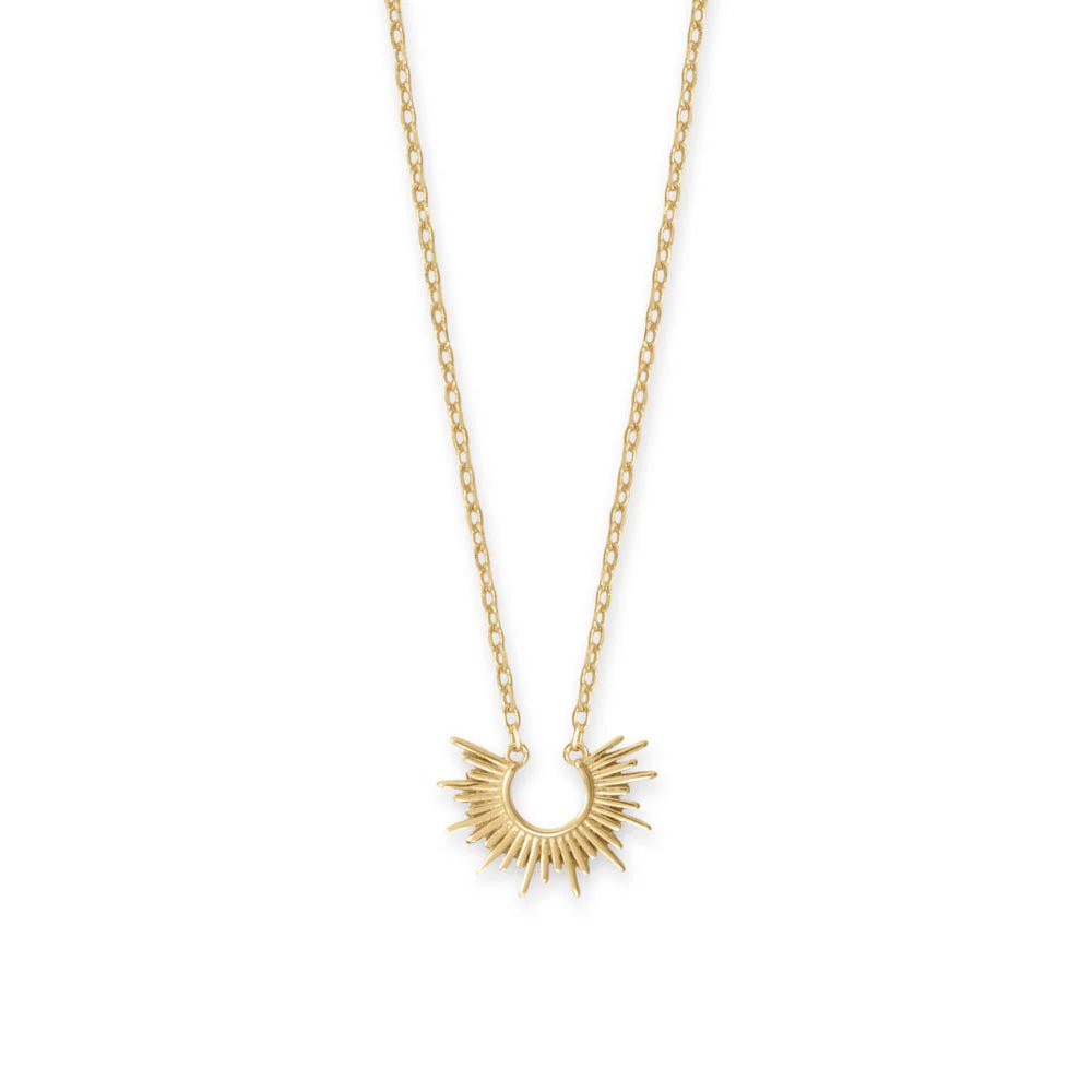 14 Karat Gold Plated Sterling Silver Mini Sunburst Pendant Necklace, 16 Inch Chain with 2 Inch Extender, Lobster Clasp, 15mm x 11.2mm