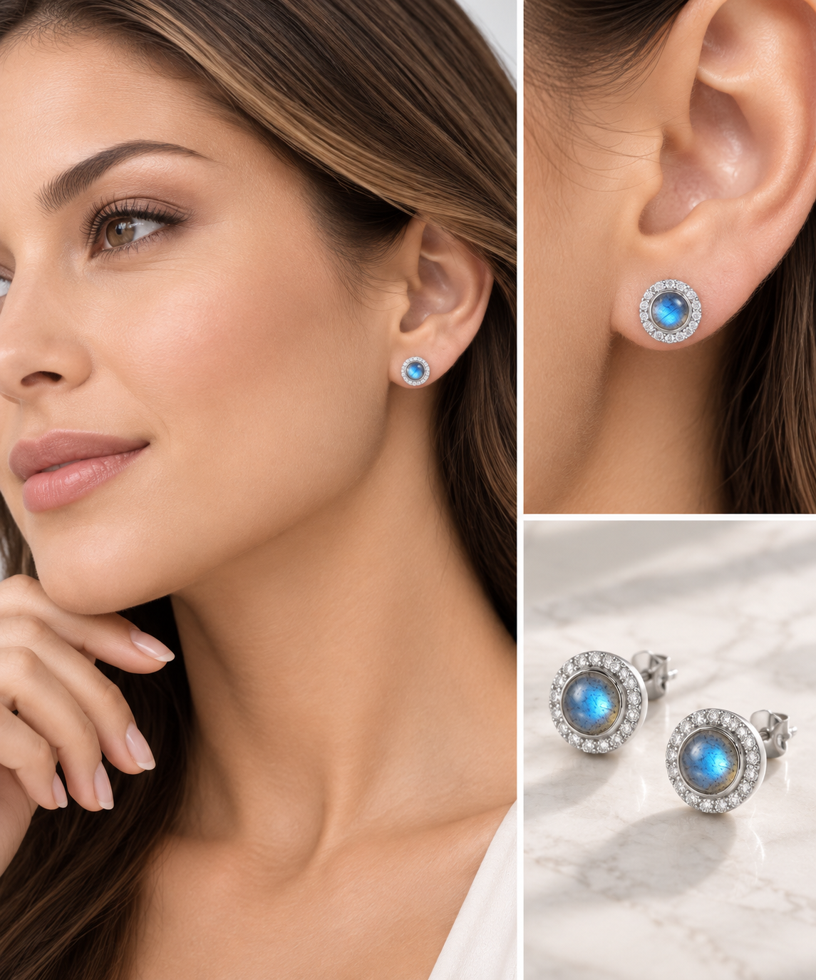 Labradorite CZ Halo Stud Earrings Rhodium Plated 925 Sterling Silver 4mm