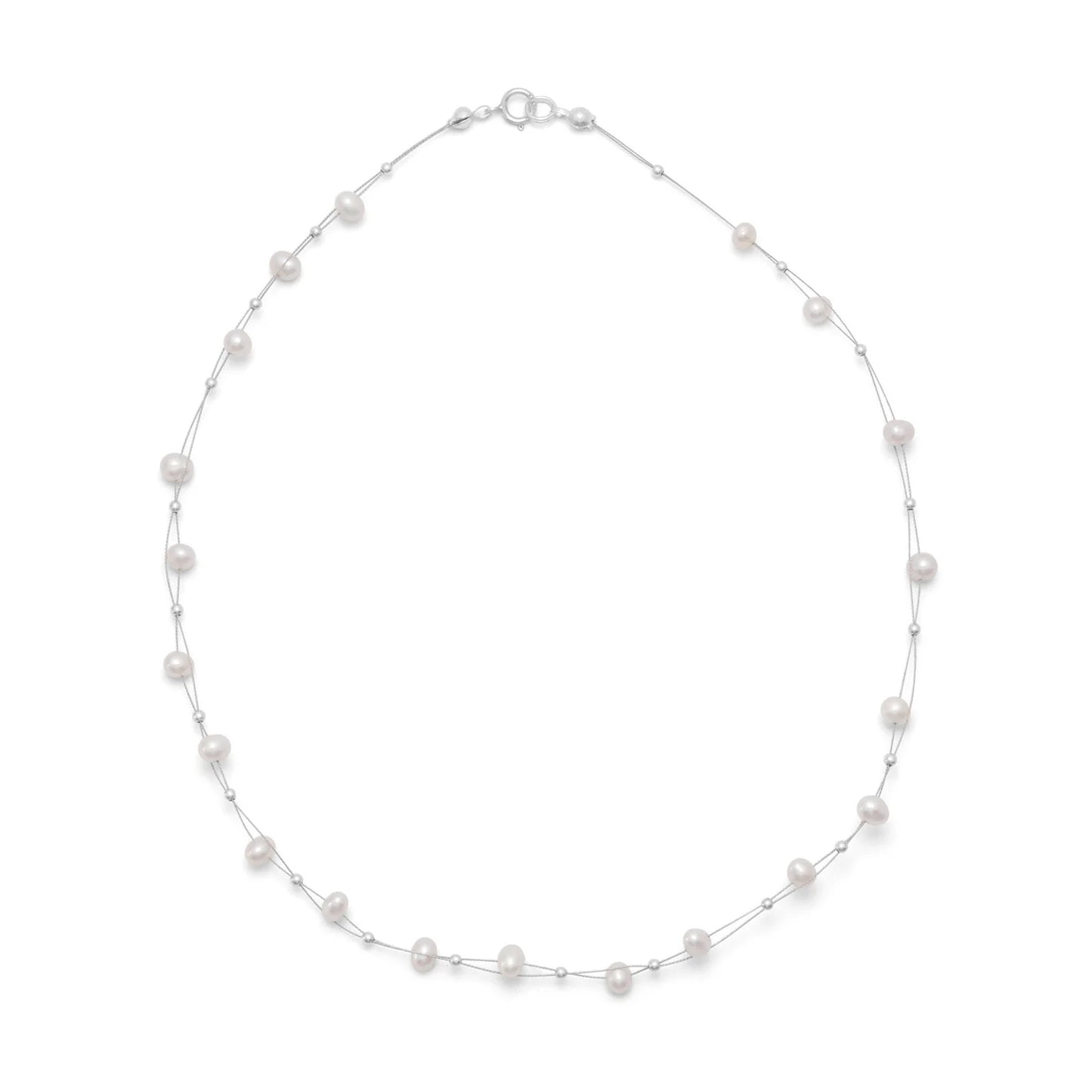 Cultured Freshwater Pearl Necklace, Double Strand, Sterling Silver, 5mm Pearls, 16 Inch, Spring Ring Closure